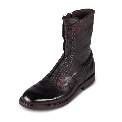 LEMARGO Herren Stiefel in dunkelbraun / ebano aus Kalbsleder im stone-washed-Verfahren. Mit Reißverschluß und Schnürsenkel-Ösen. Handgefertigt und Durchgenäht. Schräge Ansicht linker Schuh.