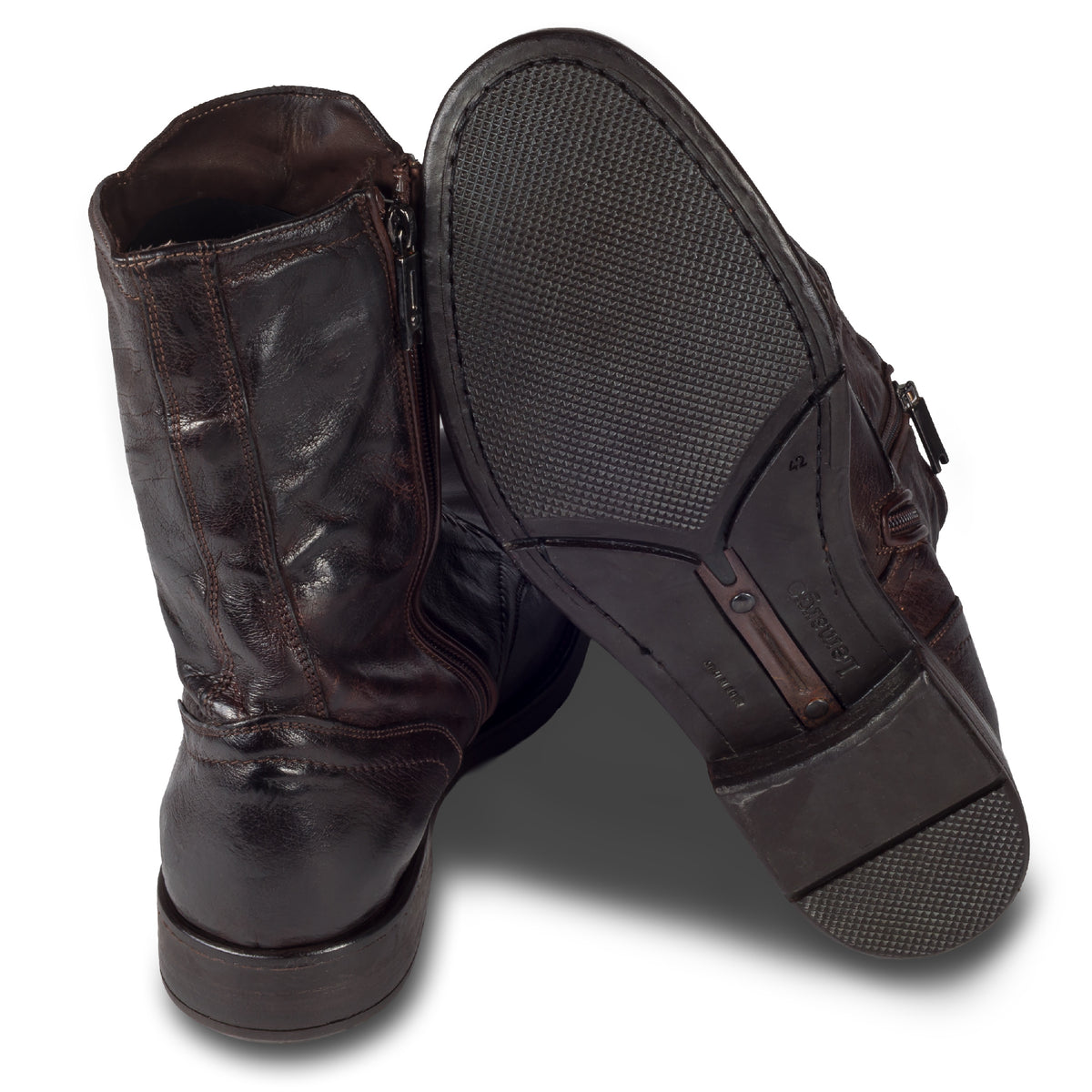 LEMARGO Herren Stiefel in dunkelbraun / ebano aus Kalbsleder im stone-washed-Verfahren. Mit Reißverschluß und Schnürsenkel-Ösen. Handgefertigt und Durchgenäht. Ansicht Ferse und Sohle