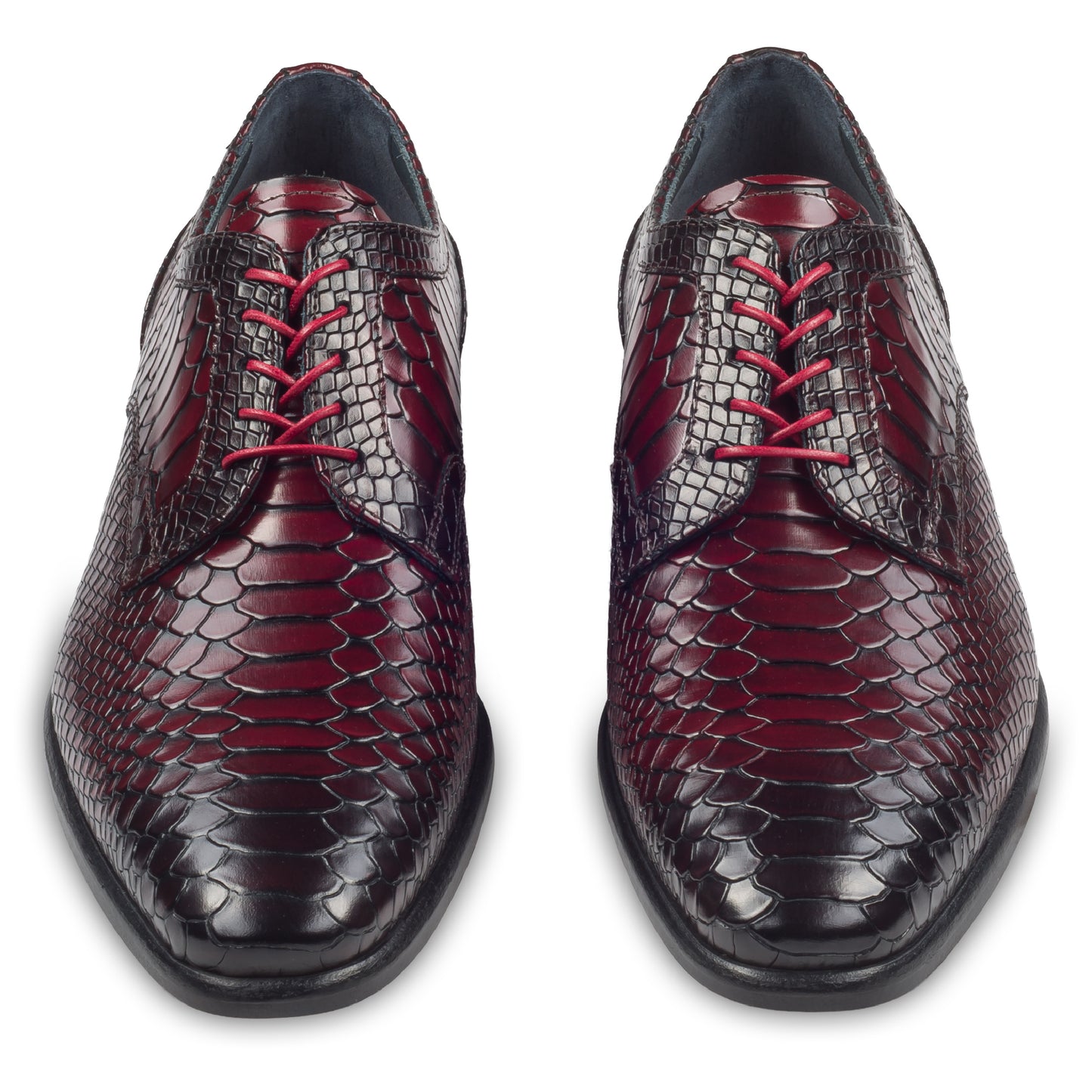 Lorenzi Extravaganter Herren Derby Schnürschuh aus rot/schwarzem Kalbsleder in Kroko-Optik. Handgefertigt und Durchgenäht. Paarweise Ansicht von vorne.  