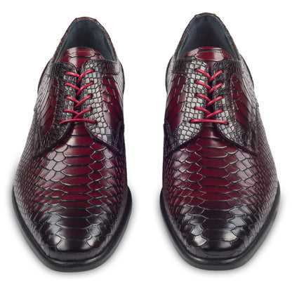 Lorenzi Extravaganter Herren Derby Schnürschuh aus rot/schwarzem Kalbsleder in Kroko-Optik. Handgefertigt und Durchgenäht. Paarweise Ansicht von vorne.  
