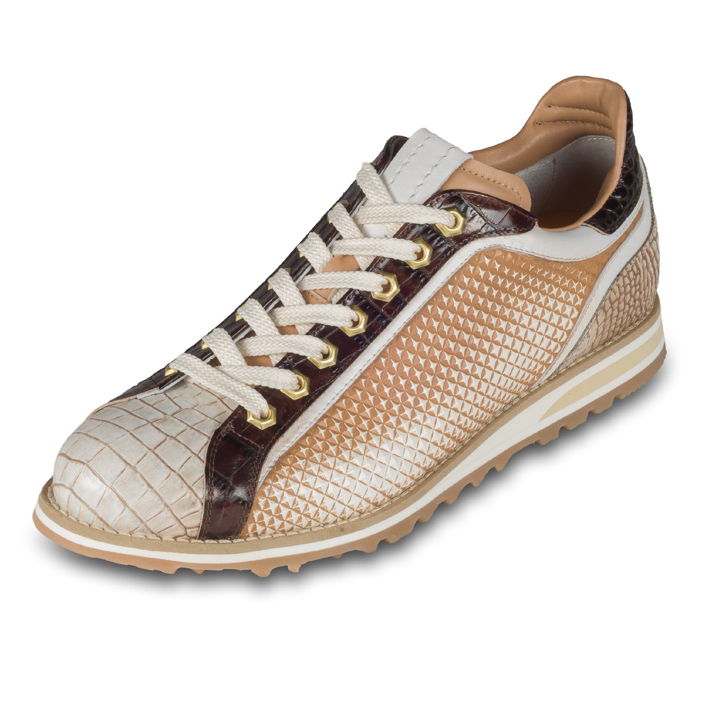 LORENZI Sneaker Herren beige/braun Kalbsleder - Prägung & Schlangen-Optik, handgefertigt. Ansicht linker Schuh schräg
