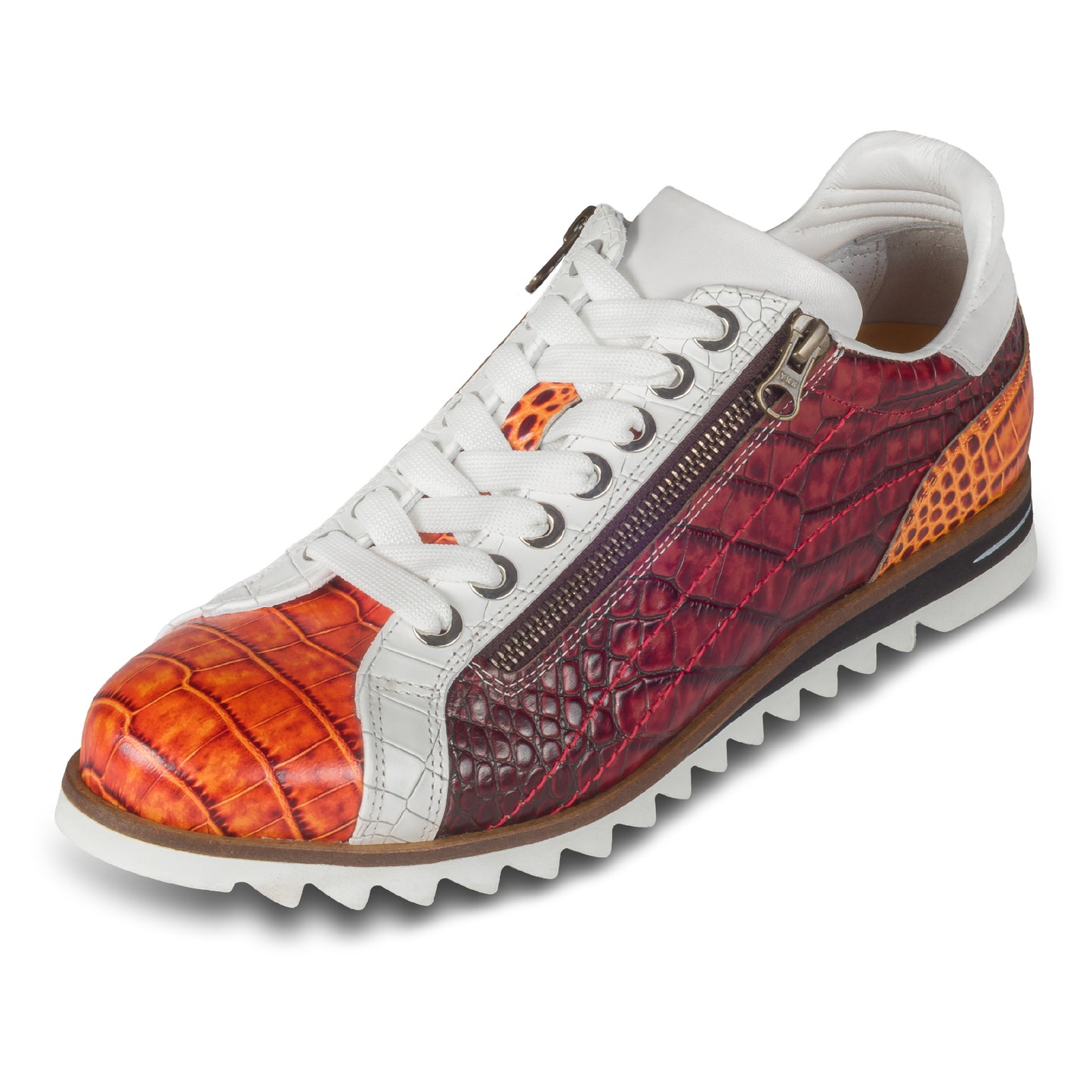 LORENZI Sneaker Herren rot/orange/weiß - Kalbsleder mit Reptilprägung, Reißverschluß. Ansicht linker Schuh schräg mit weißen Schnürsenkeln