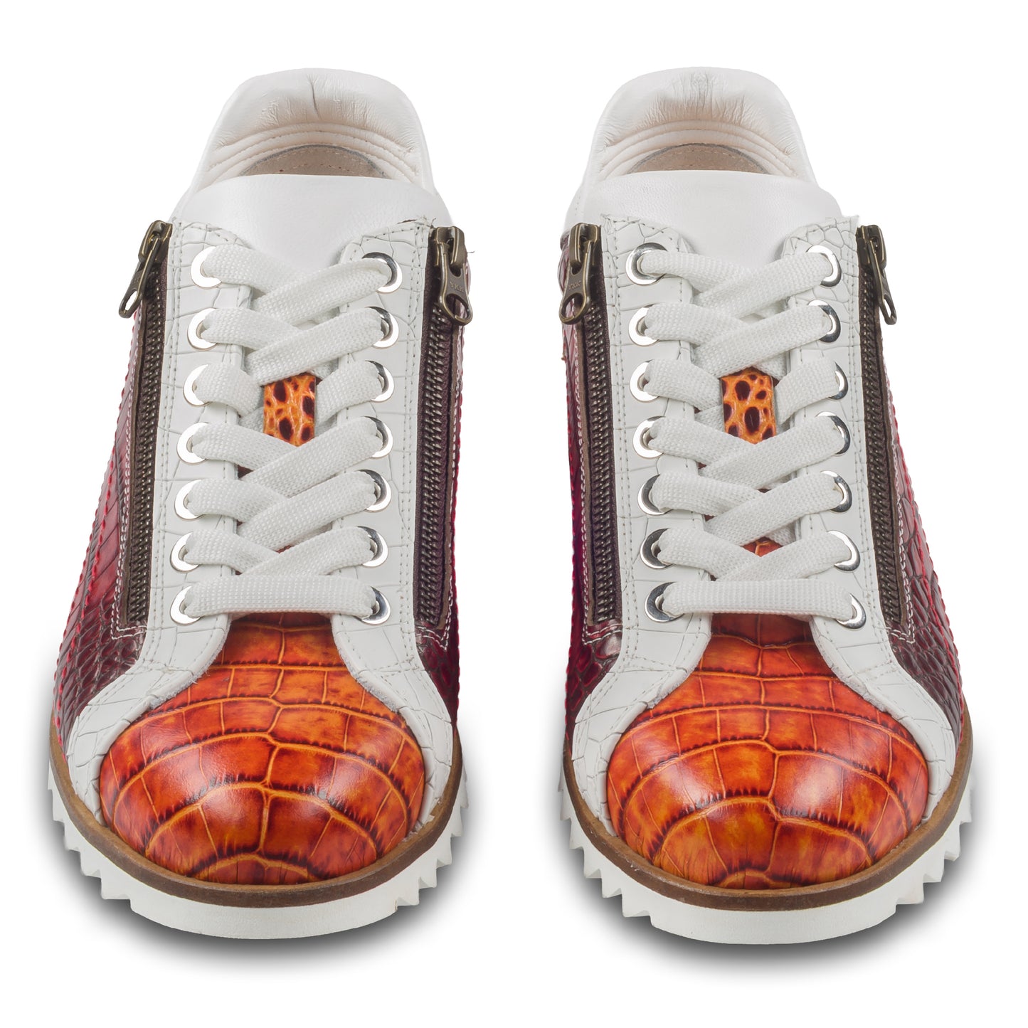 LORENZI Sneaker Herren rot/orange/weiß - Kalbsleder mit Reptilprägung, Reißverschluß. Ansicht paarweise von vorne mit weißen Schnürsenkeln