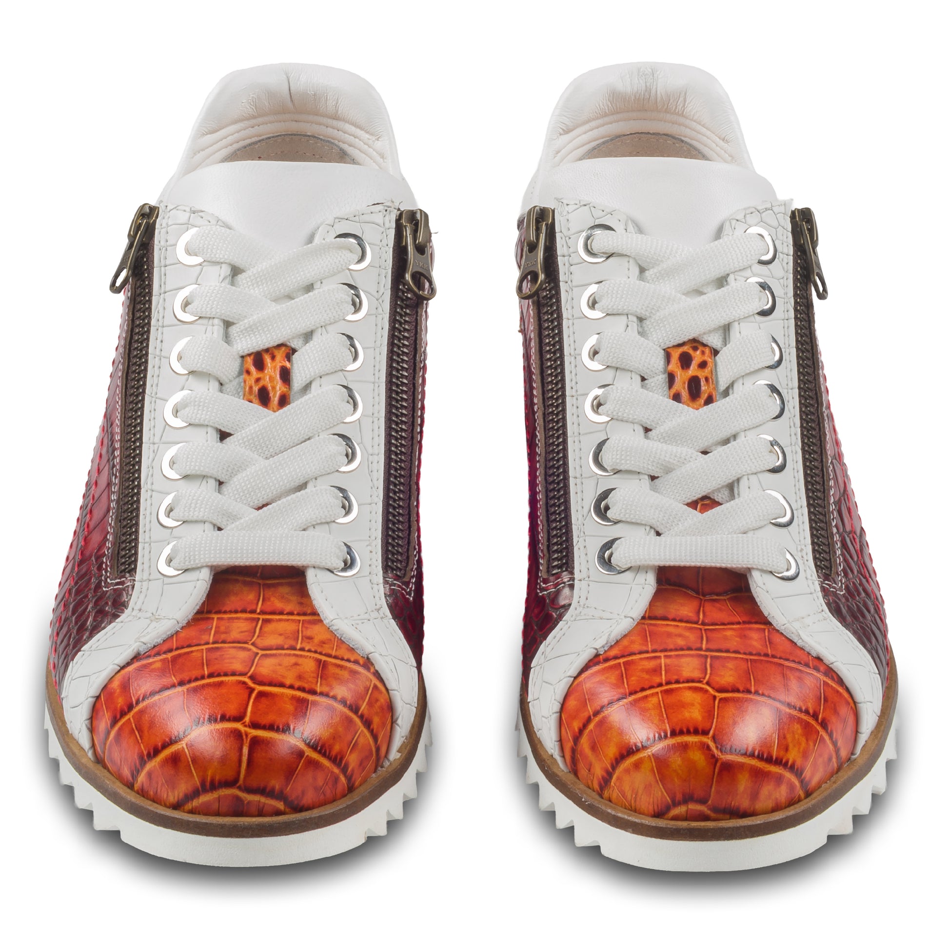 LORENZI Sneaker Herren rot/orange/weiß - Kalbsleder mit Reptilprägung, Reißverschluß. Ansicht paarweise von vorne mit weißen Schnürsenkeln