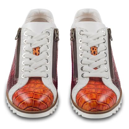 LORENZI Sneaker Herren rot/orange/weiß - Kalbsleder mit Reptilprägung, Reißverschluß. Ansicht paarweise von vorne mit weißen Schnürsenkeln