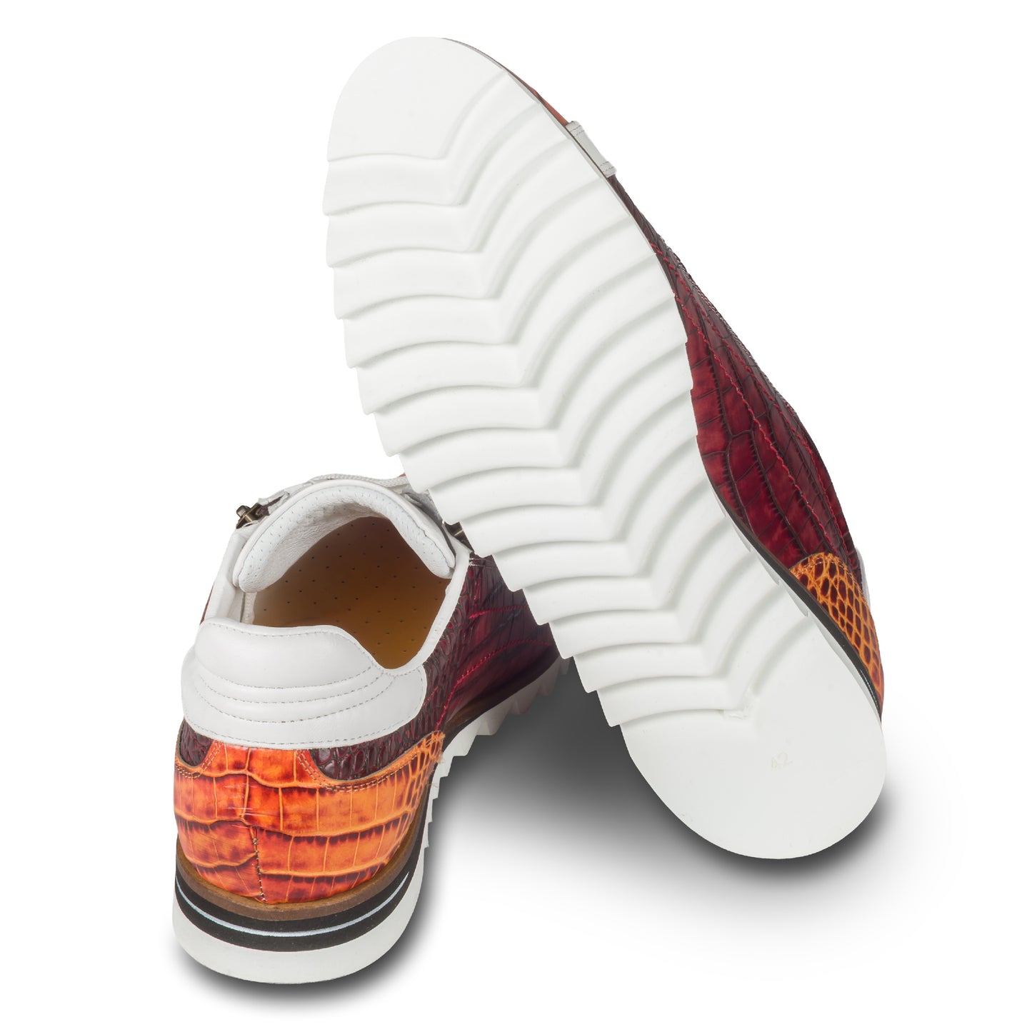 LORENZI Sneaker Herren rot/orange/weiß - Kalbsleder mit Reptilprägung, Reißverschluß. Ansicht Ferse und Sohle