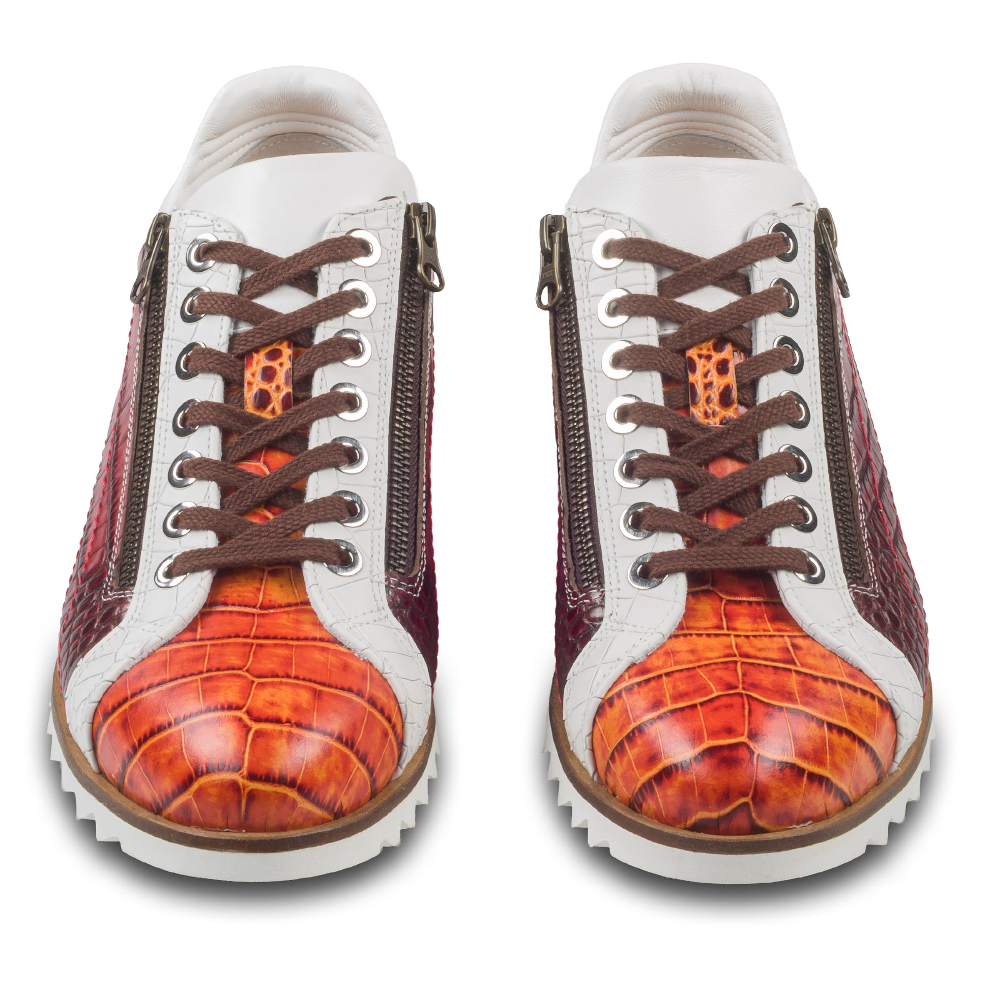 LORENZI Sneaker Herren rot/orange/weiß - Kalbsleder mit Reptilprägung, Reißverschluß. Ansicht paarweise von vorne mit braunen Schnürsenkeln