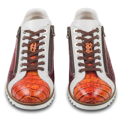 LORENZI Sneaker Herren rot/orange/weiß - Kalbsleder mit Reptilprägung, Reißverschluß. Ansicht paarweise von vorne mit braunen Schnürsenkeln