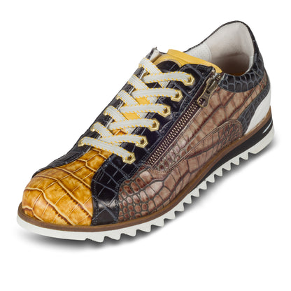 LORENZI Herren Sneaker in gelb/schwarz/braun aus Kalbsleder mit Reptilprägung und Reißverschluß. Handgefertigt in Italien. Schräge Ansicht linker Schuh