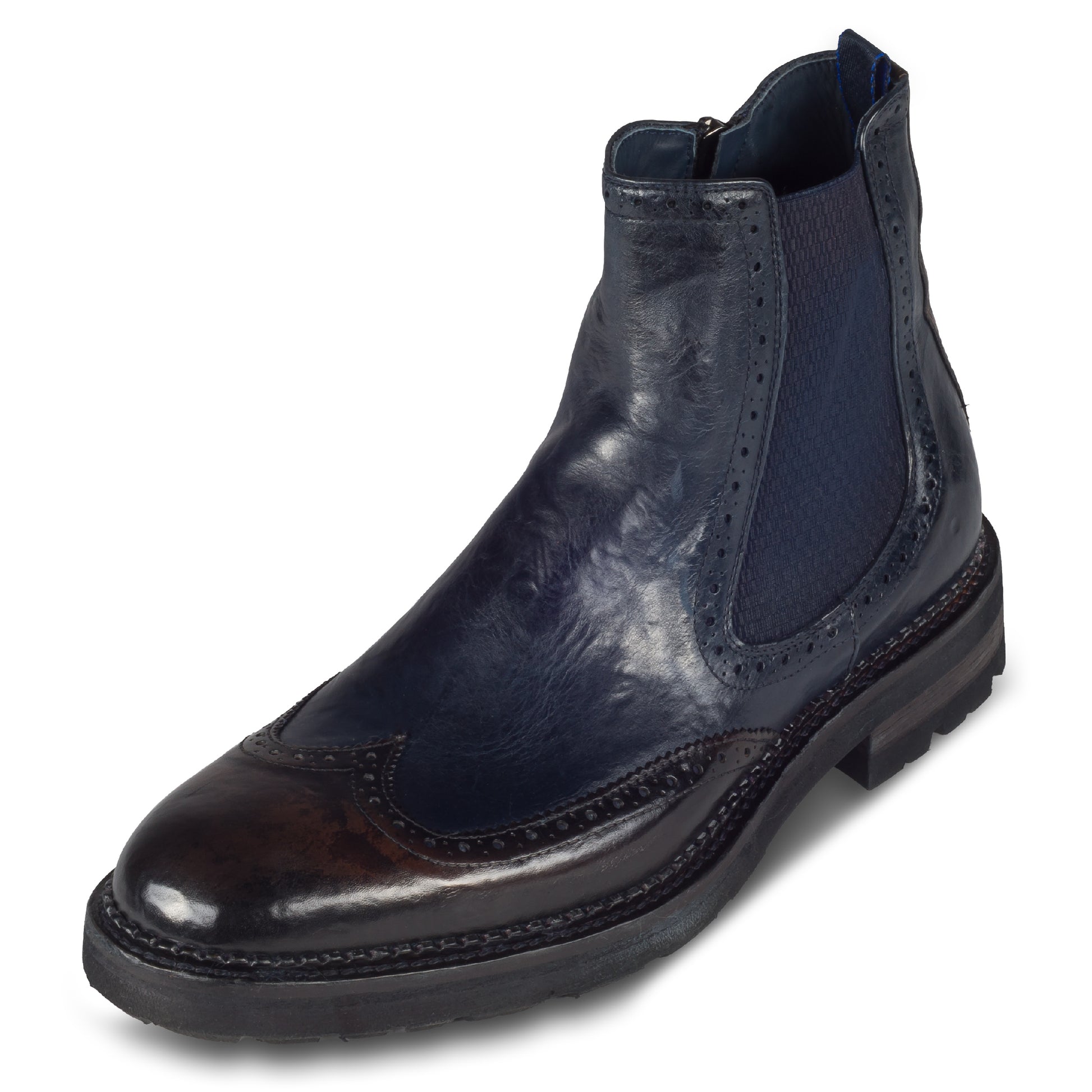 LORENZI Chelsea-Stiefelette Herren mit Reißverschluß, dunkelblau/dunkelbraun aus Kalbsleder im stonewashed-Verfahren bearbeitet. Schräge Ansicht linker Schuh