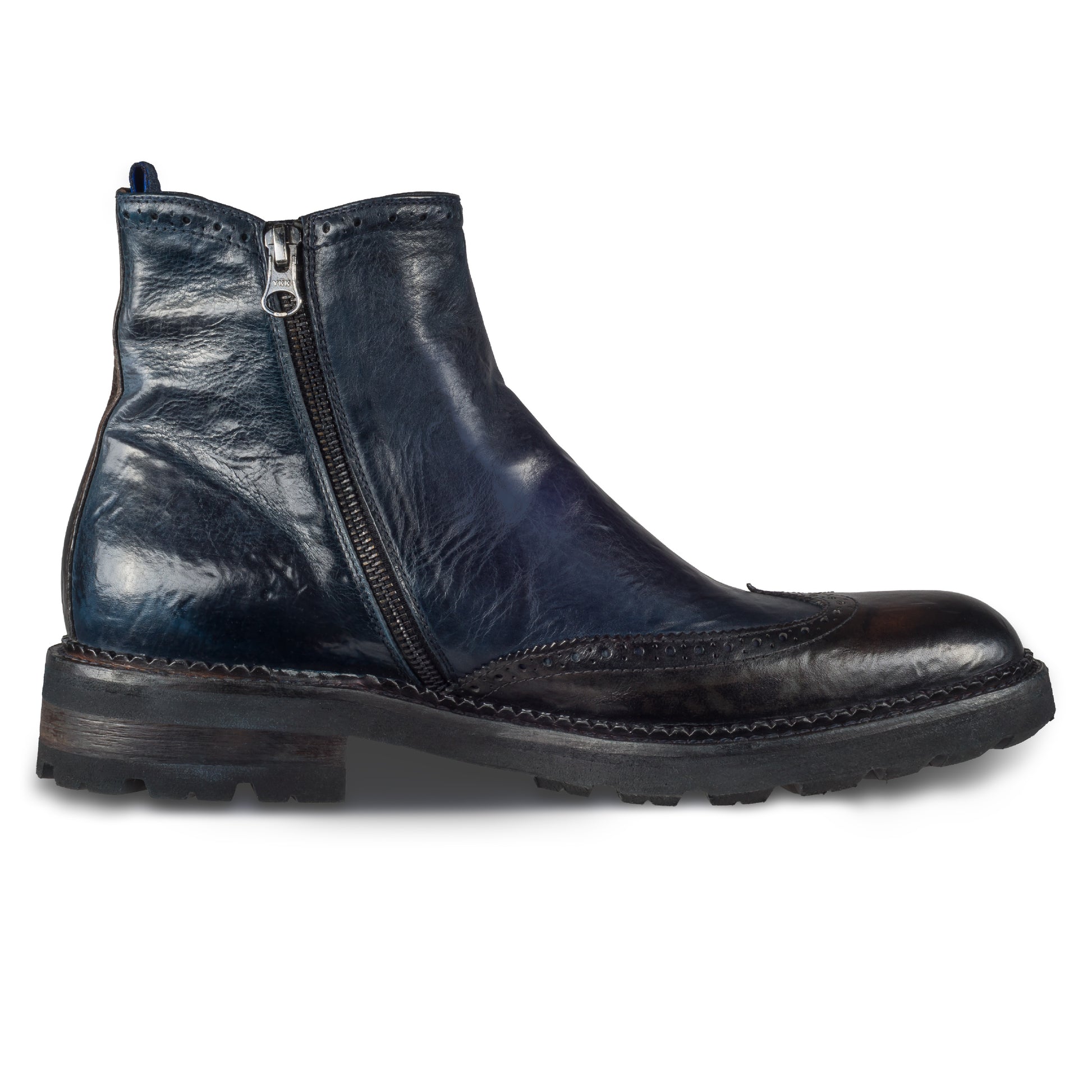LORENZI Chelsea-Stiefelette Herren mit Reißverschluß, dunkelblau/dunkelbraun aus Kalbsleder im stonewashed-Verfahren bearbeitet. Ansicht Innenseite linker Schuh