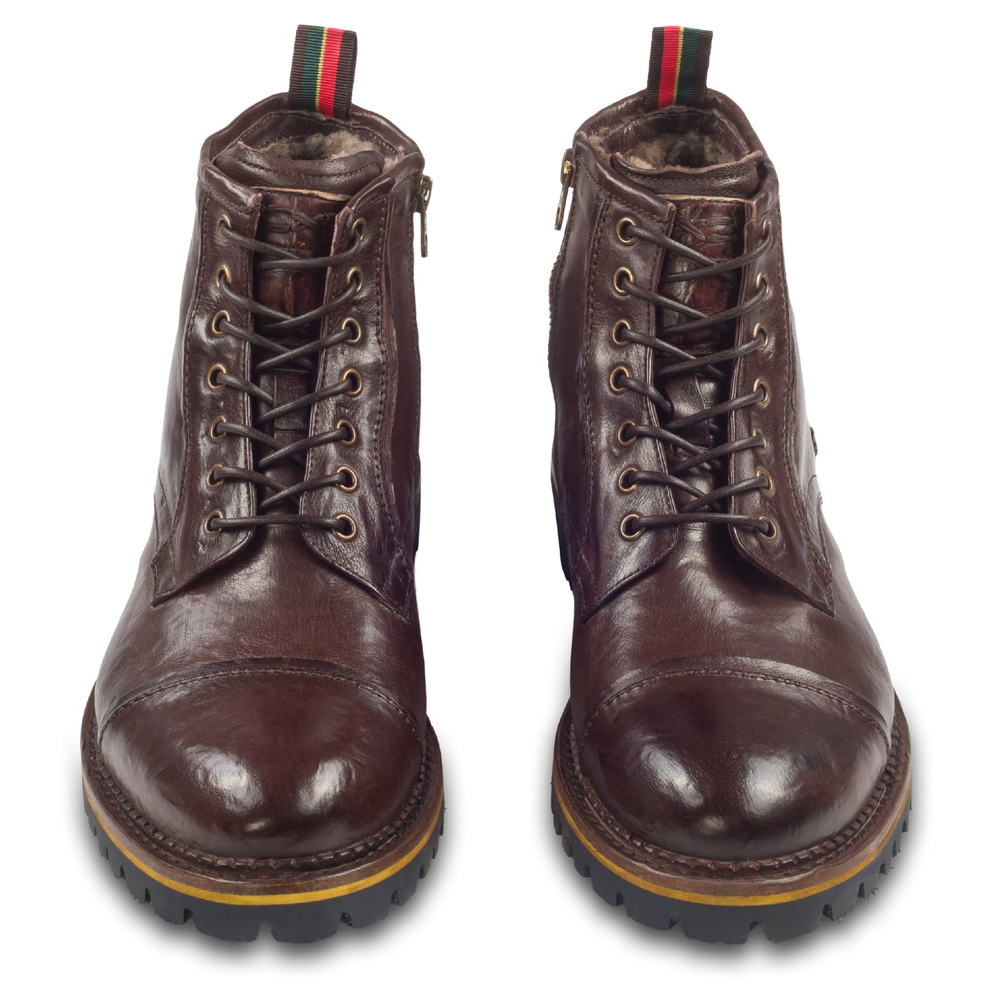 LORENZI Winterstiefelette Herren mit Lammfell & Reißverschluß, dunkelbraun, gewaschenes Kalbsleder. Handgefertigt / durchgenäht in Italien. Paarweise Ansicht von vorne