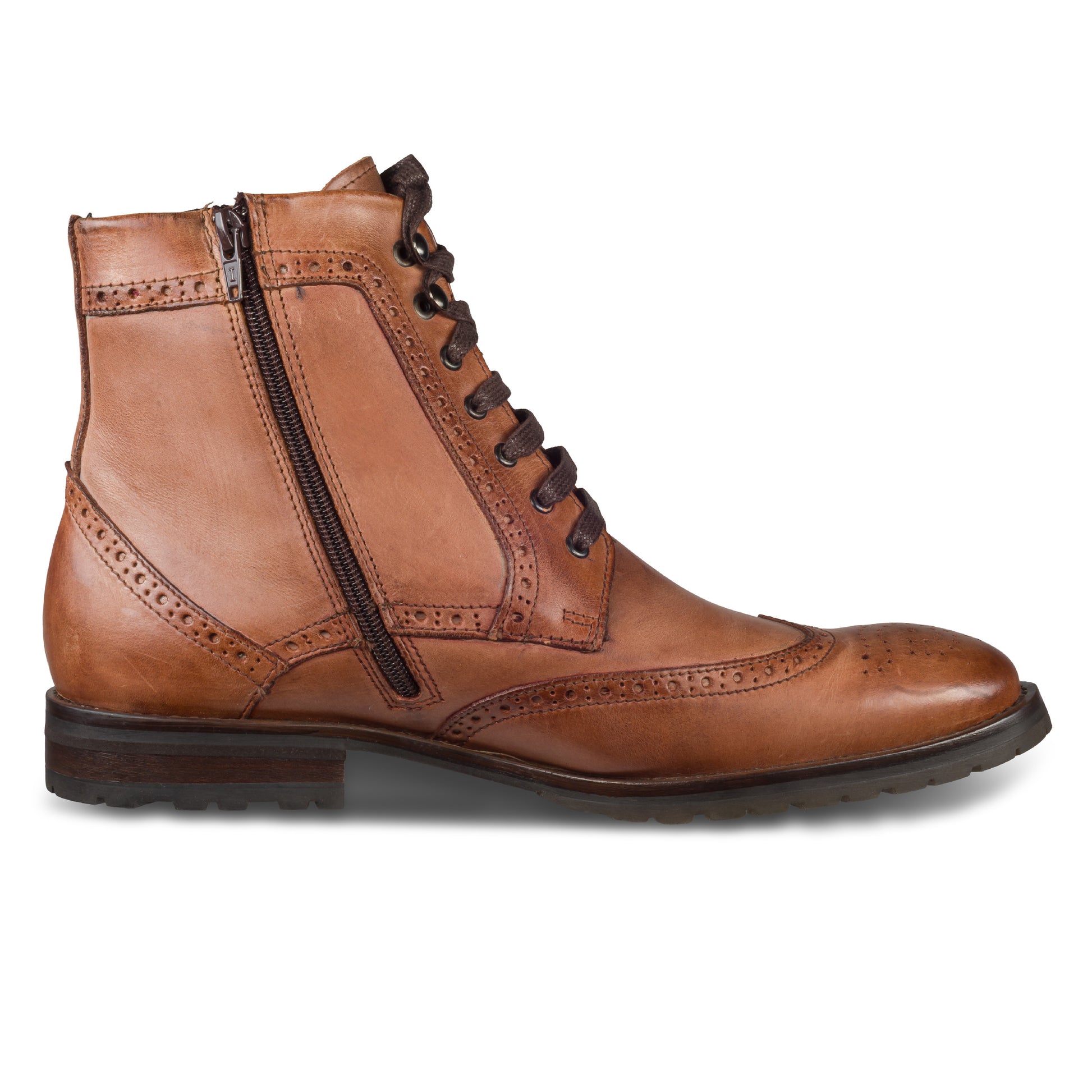 Nicola Benson Budapester-Stiefelette für Herren, cognak braun mit Reißverschluß und Warmfutter. Ansicht linker Schuh Innenseite