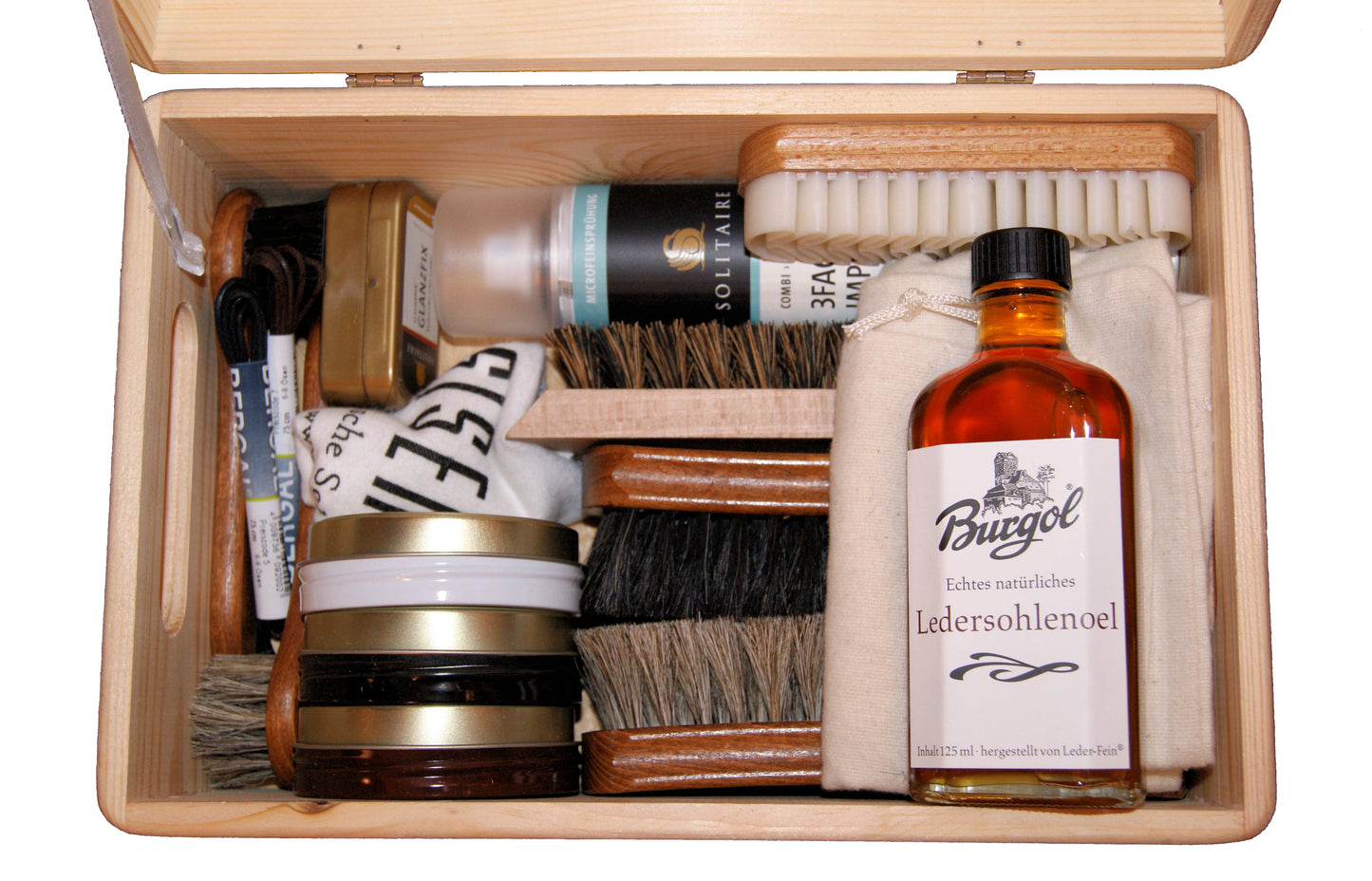 Schuhputzkiste mit Burgol & Solitaire Pflegeprodukten - 17teilig, Kiefernholz