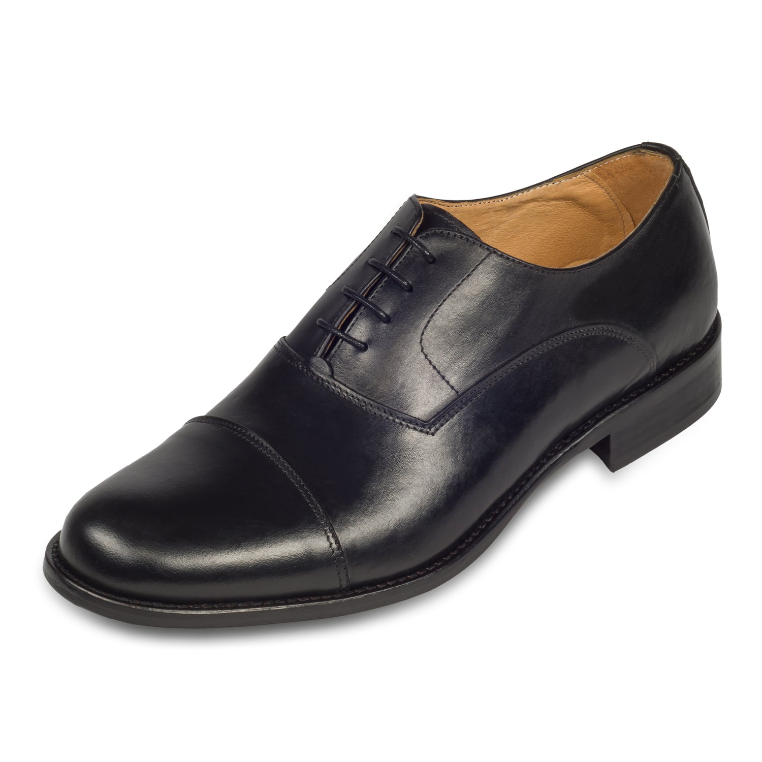 Exton - Italienische Herren Anzugschuhe, Captoe Oxford in schwarz. Aus Kalbsleder handgefertigt. Schräge Ansicht linker Schuh.