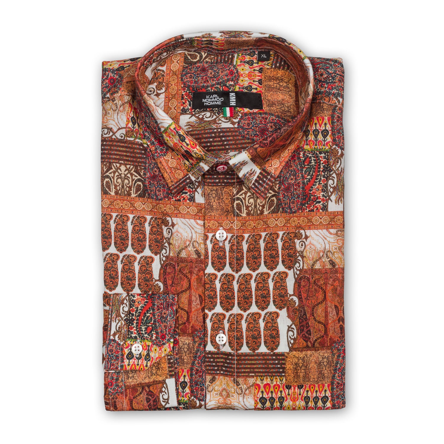 Karl Mommoo - Italienisches Herren-Hemd, orange/braun gemustert, Leinen mit Baumwolle, Modern Fit. 