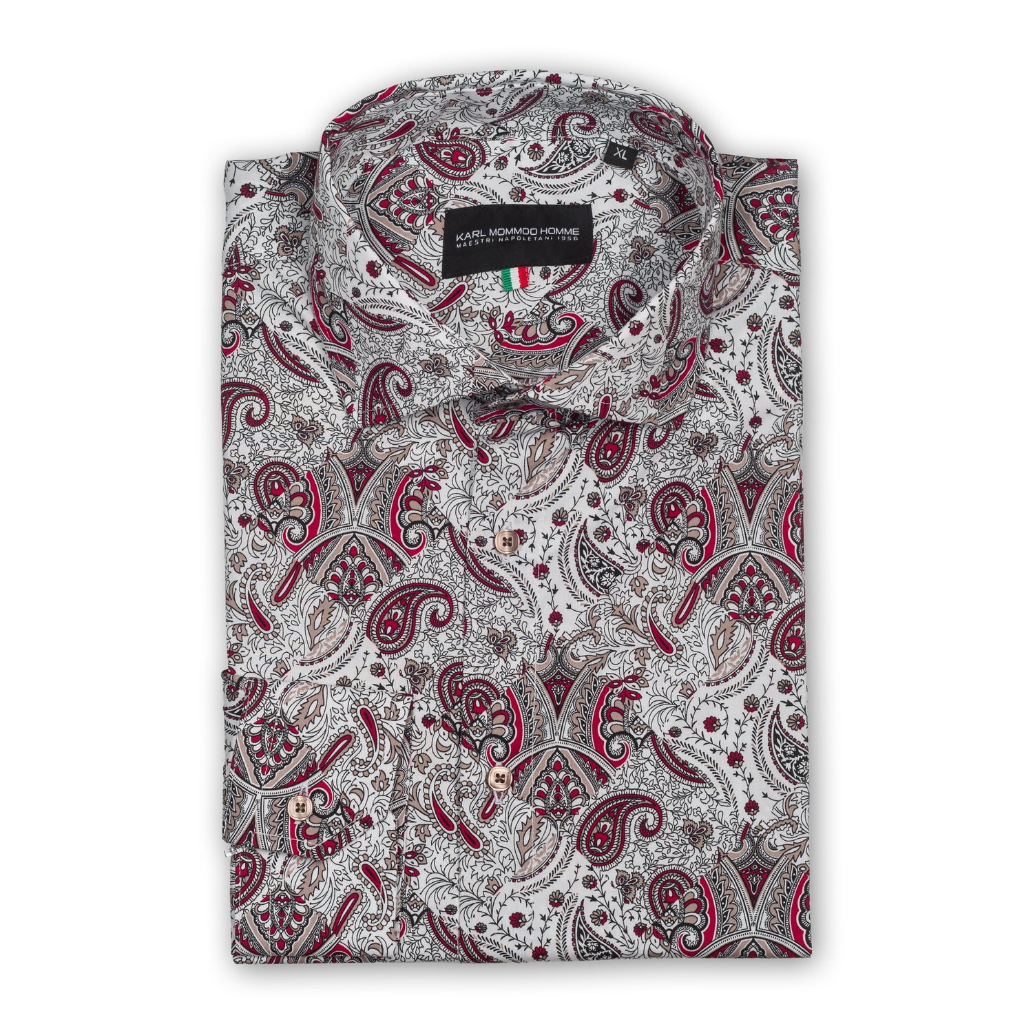 Karl Mommoo - Italienisches Herren-Hemd, Paisley Muster in weiß/rot/schwarz, Baumwolle mit Elasthan, Modern Fit. 