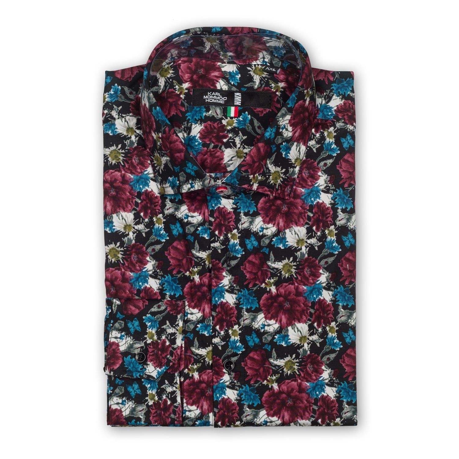 Karl Mommoo - Italienisches Herren-Hemd in floralem Print in blau/bordeaux, Baumwolle mit Elasthan, Modern Fit. 