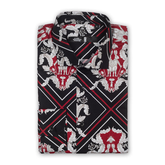 Karl Mommoo - Italienisches Herren-Hemd, gemustert in schwarz/rot/creme, Baumwolle mit Elasthan, Modern Fit. 