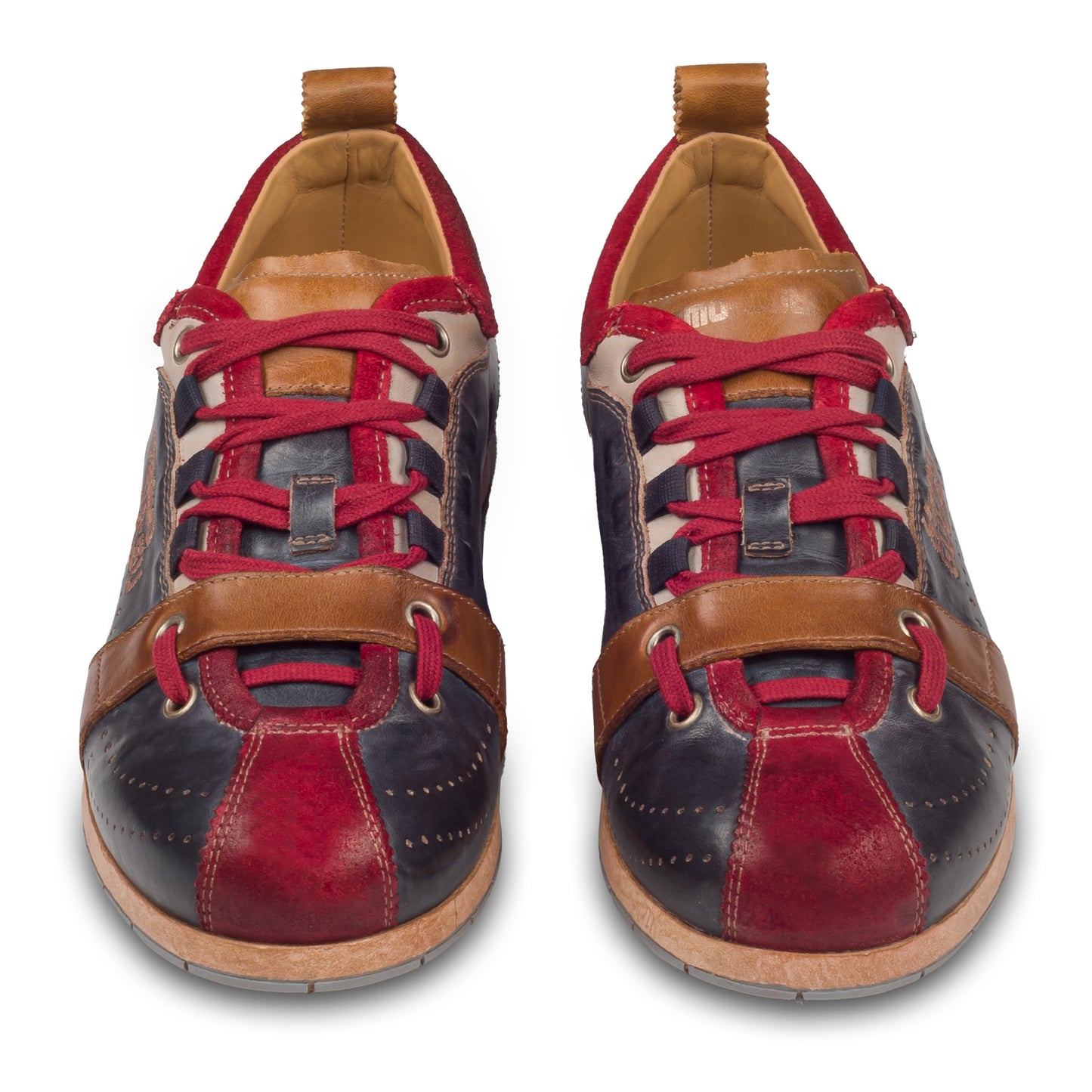 KAMO-GUTSU Herren Leder Sneaker, blau/rot mit braun, Modell TIFO-017 rosso + navy. Handgefertigt. Paarweise Ansicht von vorne.