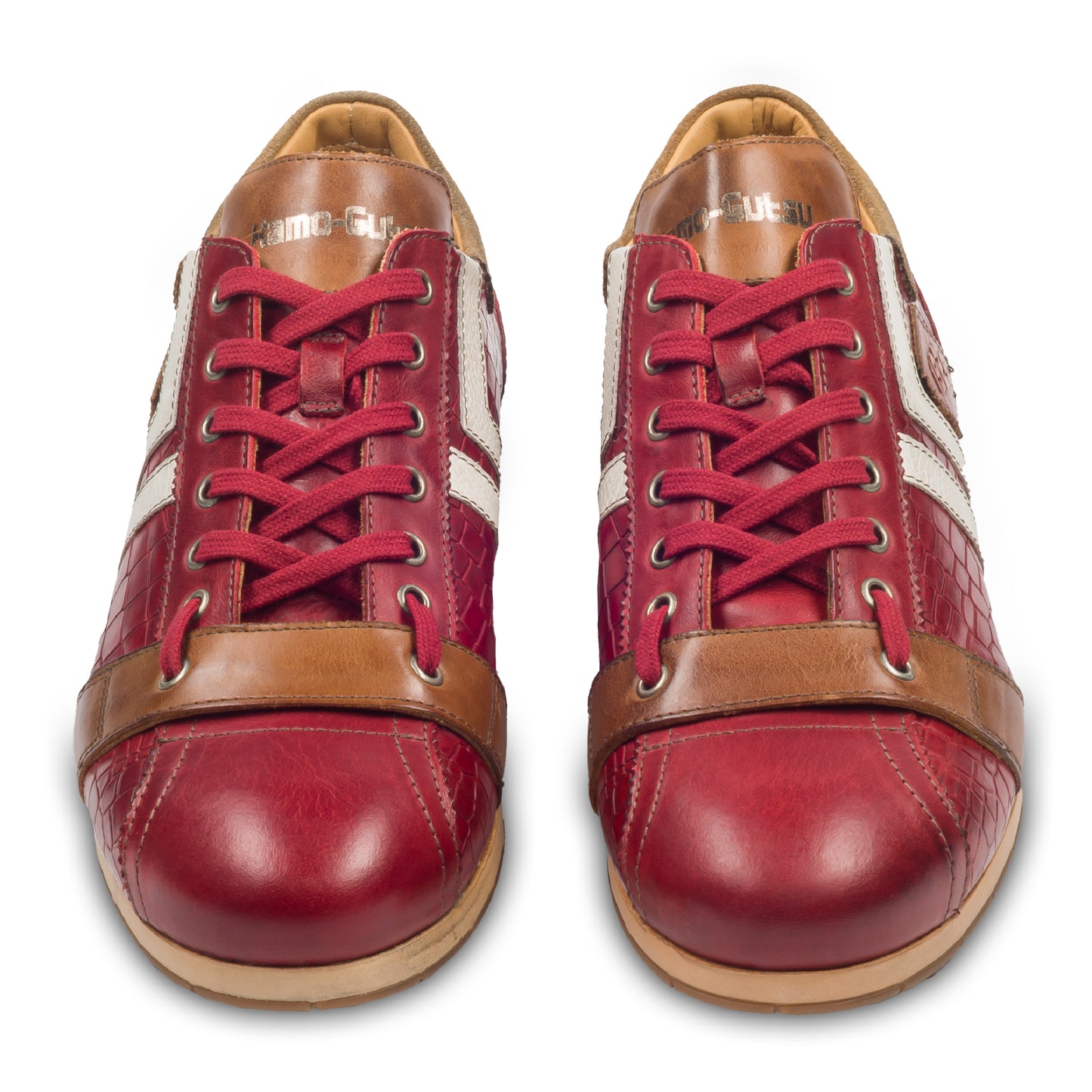 KAMO-GUTSU Herren Leder Sneaker, rot, Modell TIFO-030 croco rosso. Handgefertigt. Paarweise Ansicht von vorne.