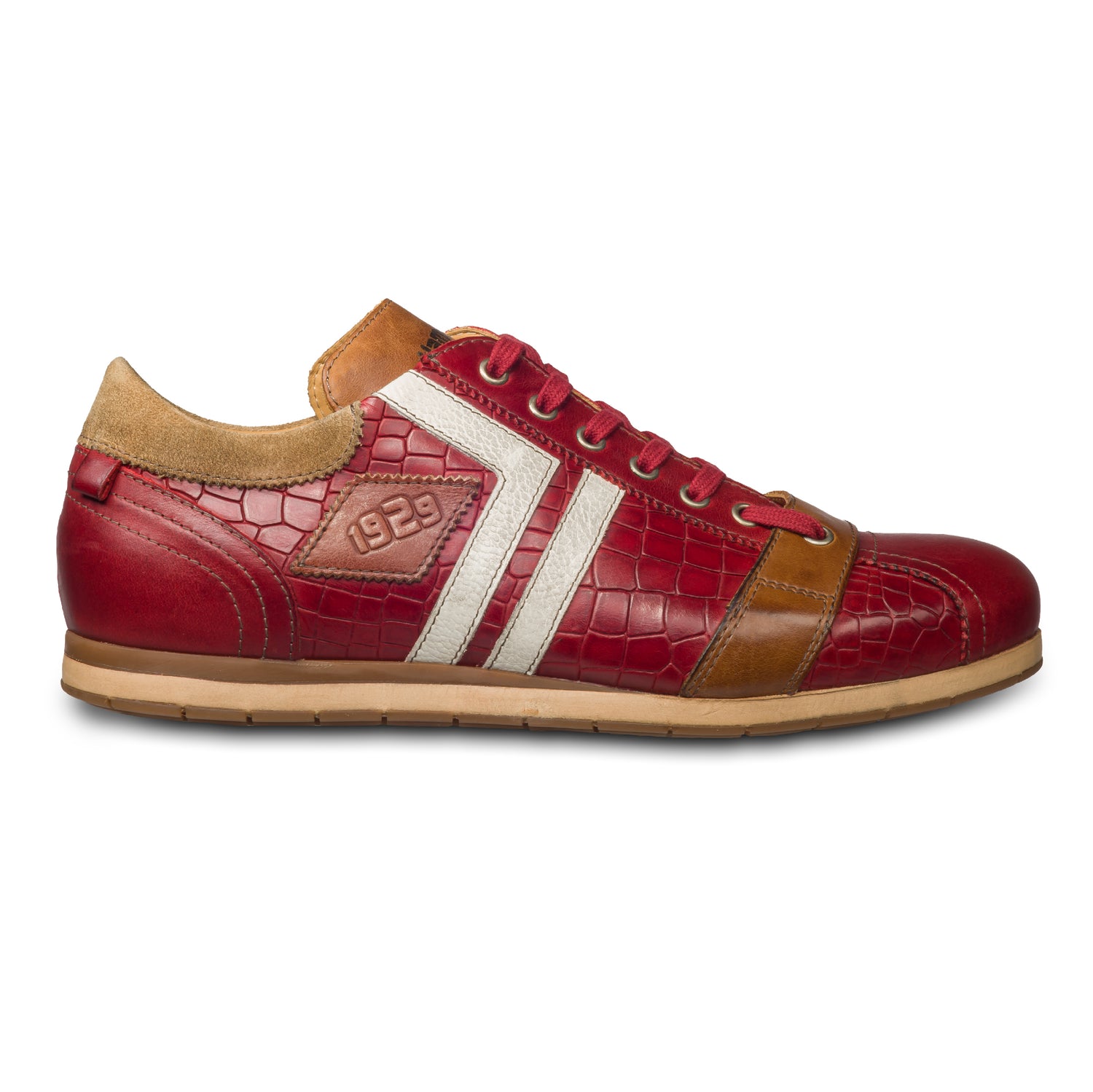 KAMO-GUTSU Herren Leder Sneaker, rot, Modell TIFO-030 croco rosso. Handgefertigt. Seitliche Ansicht der Außenseite rechter Schuh.