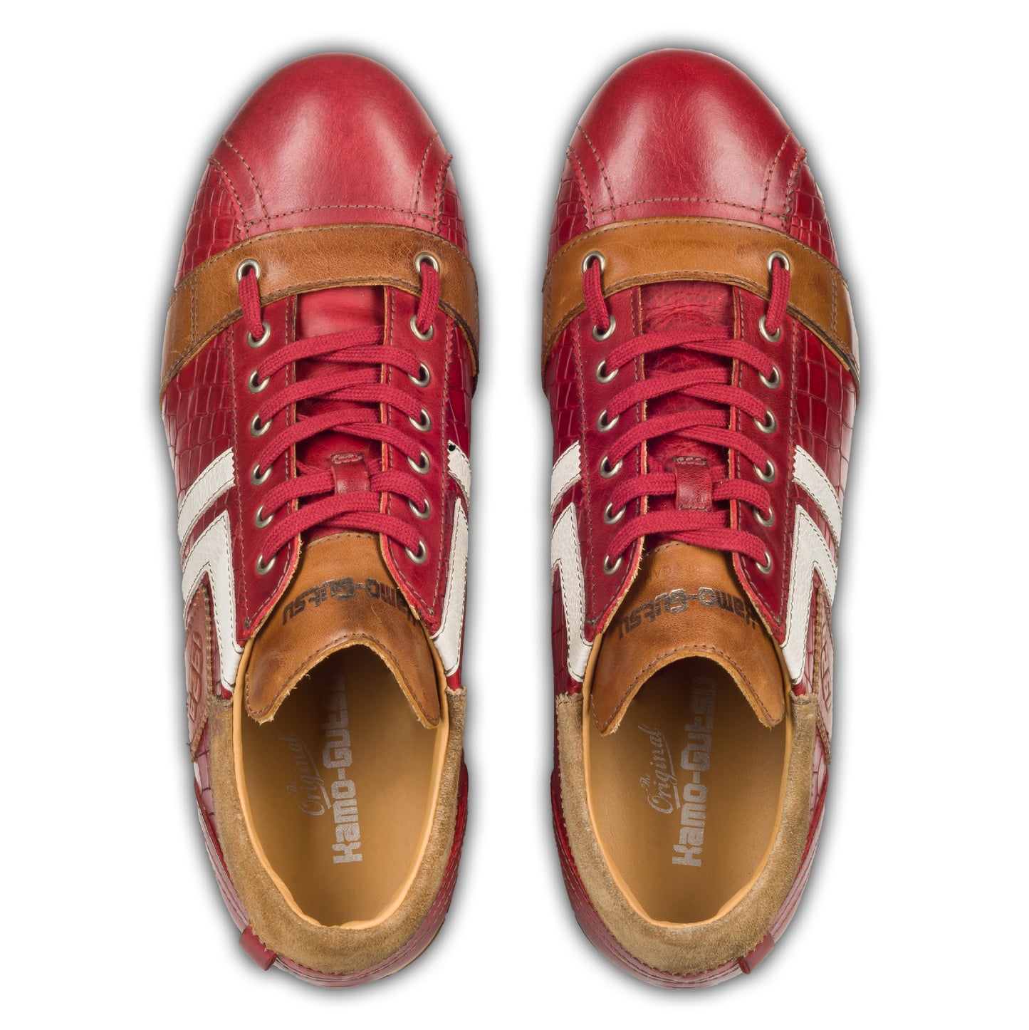 KAMO-GUTSU Herren Leder Sneaker, rot, Modell TIFO-030 croco rosso. Handgefertigt. Paarweise eigene Draufsicht aus angezogener Perspektive.