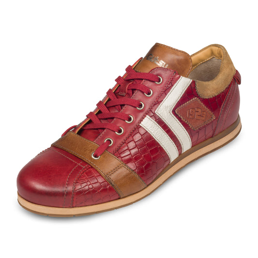 KAMO-GUTSU Herren Leder Sneaker, rot, Modell TIFO-030 croco rosso. Handgefertigt. Schräge Ansicht linker Schuh.