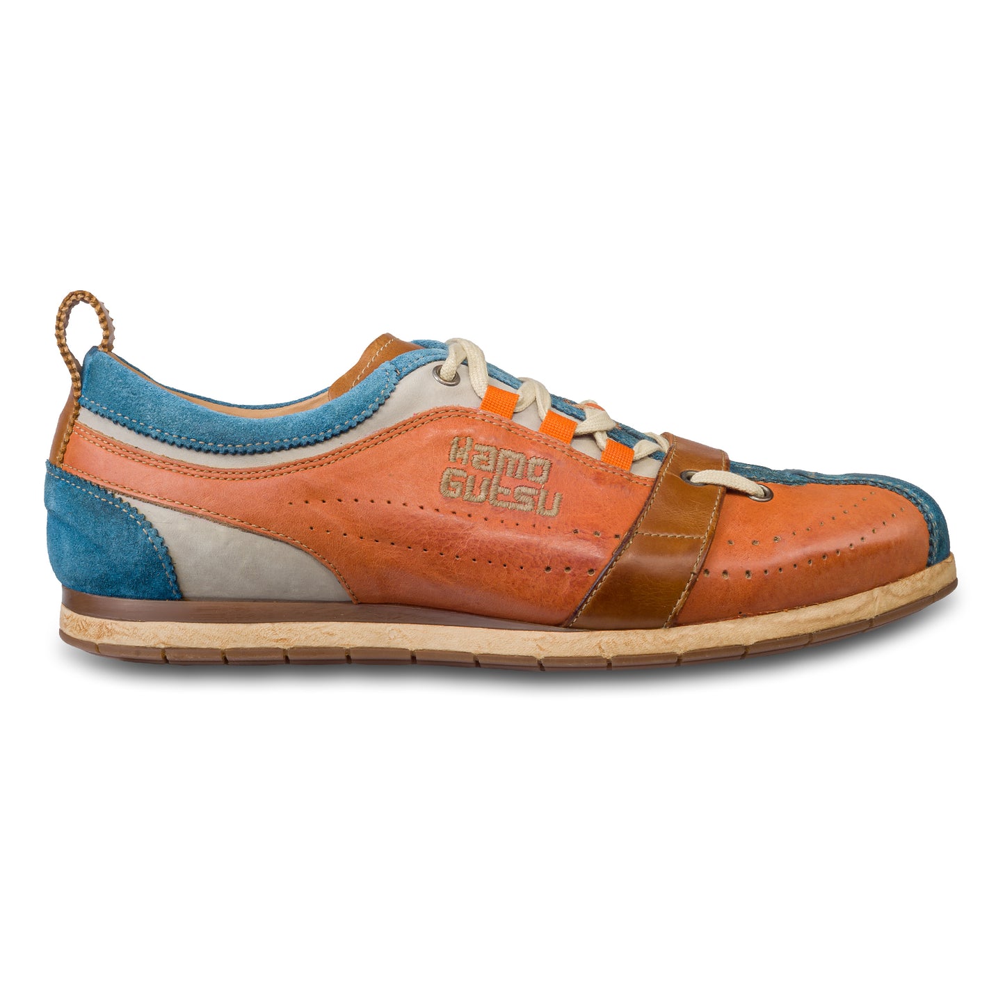 KAMO-GUTSU Herren Sneaker, orange/hellblau, Retro-Style, TIFO-017, seitliche Ansicht der Außenseite