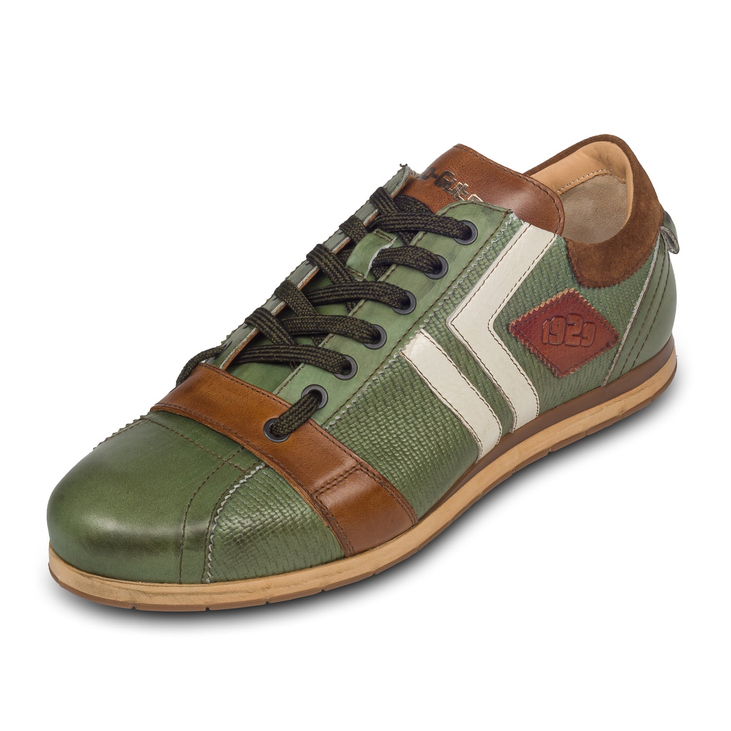 KAMO-GUTSU Sneaker, grün mit braun und weiß, schräge Ansicht einzelner Schuh