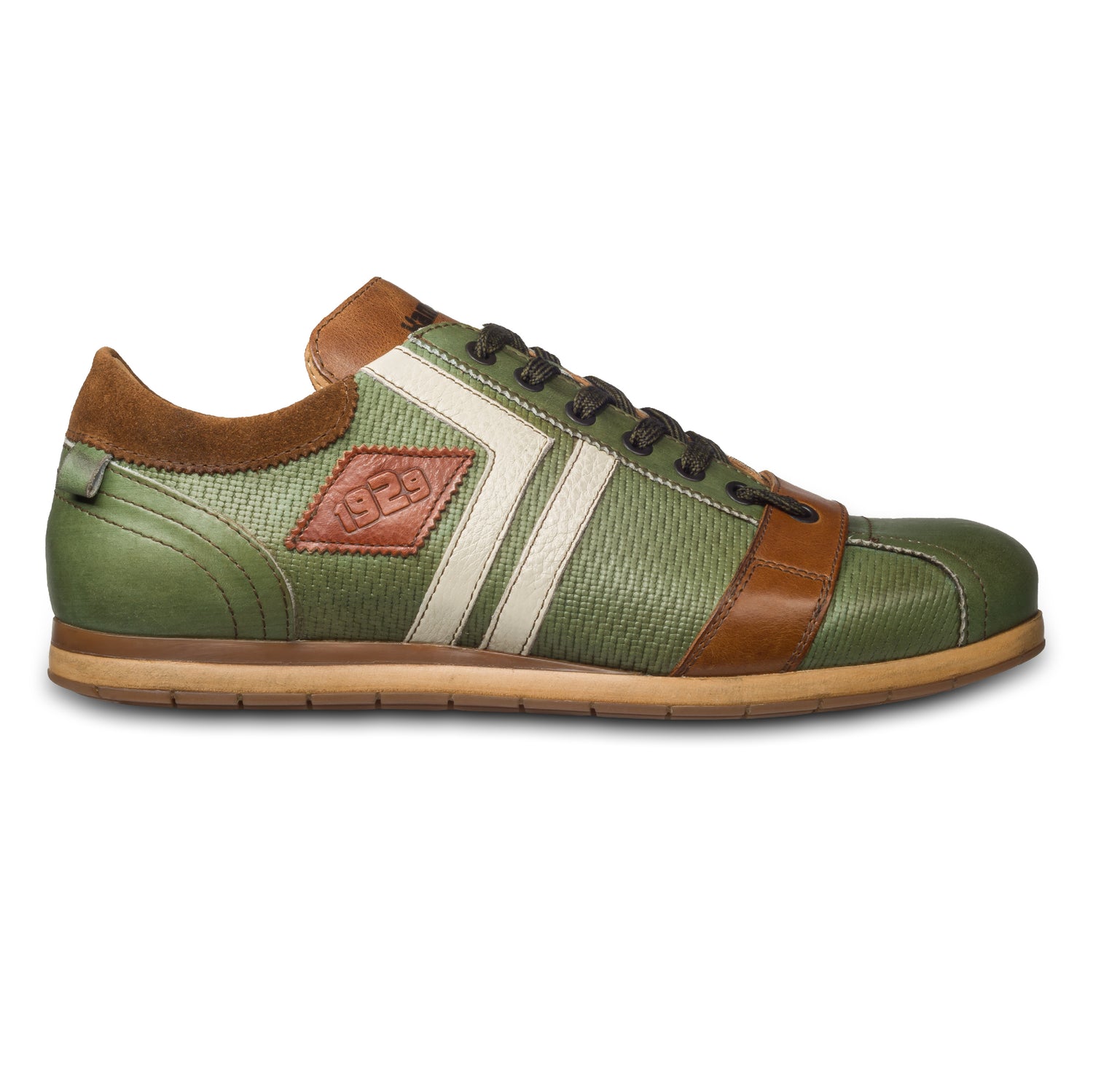 KAMO-GUTSU Sneaker, grün mit braun und weiß, seitliche Ansicht der Außenseite