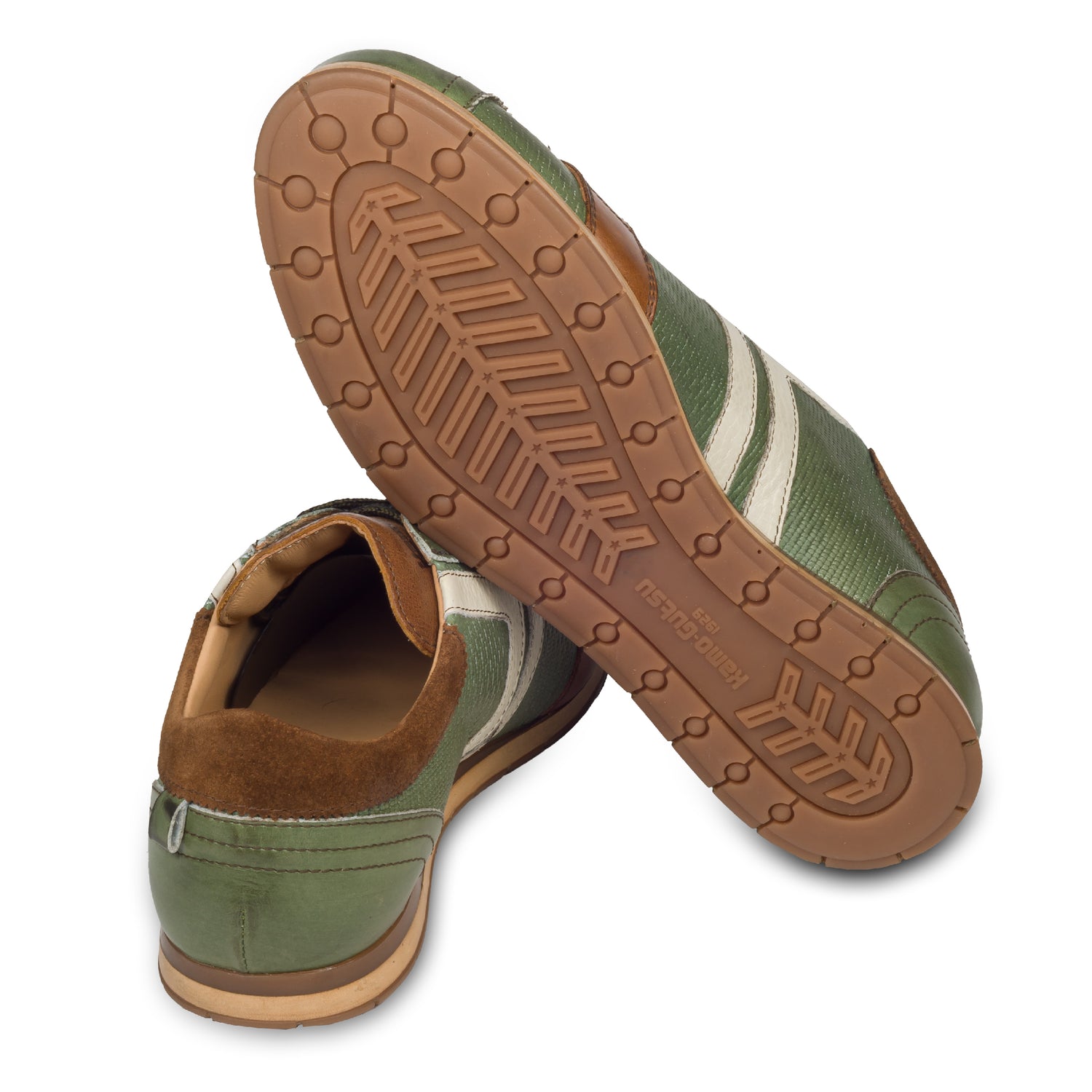 KAMO-GUTSU Sneaker, grün mit braun und weiß, Ansicht der Ferse und Sohlenunterseite