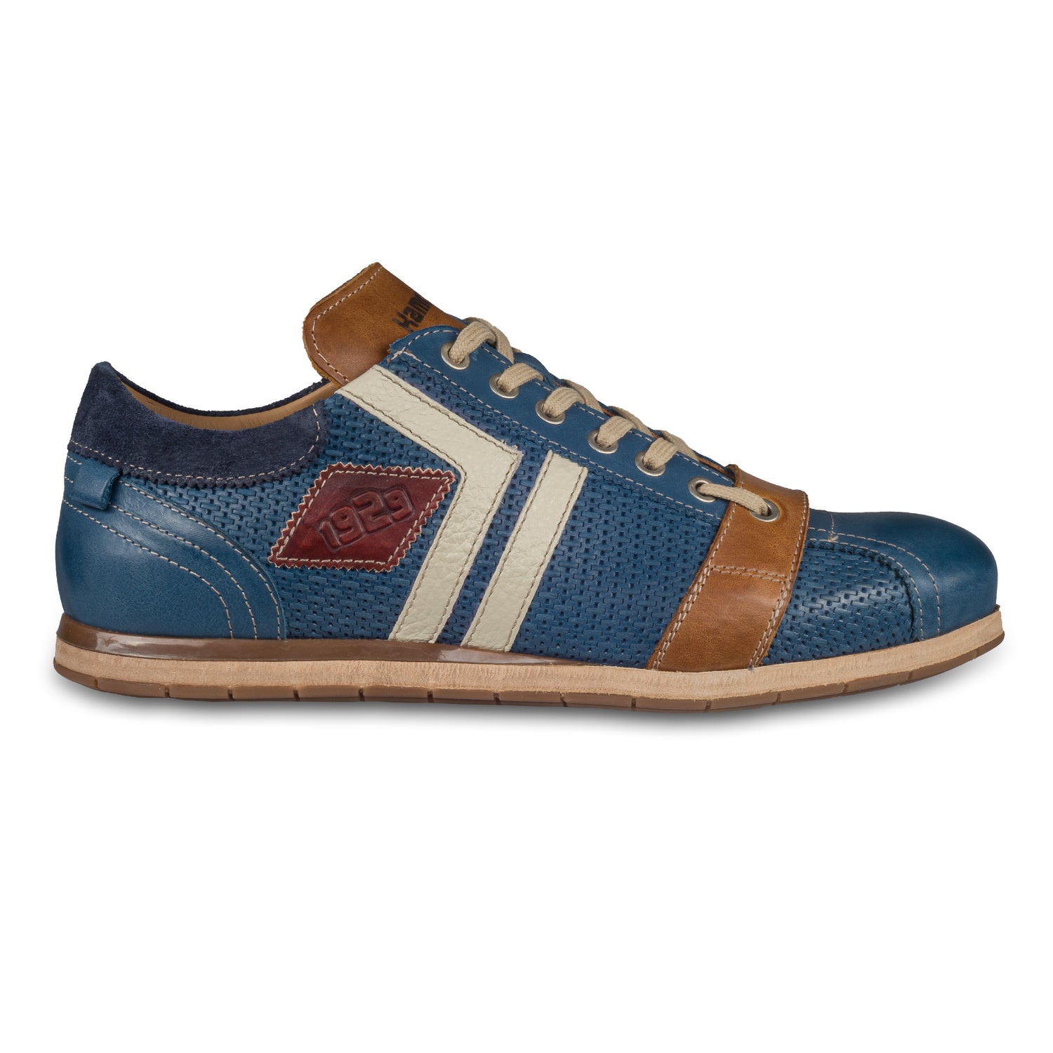KAMO-GUTSU Herren Sneaker, blau mit braun und creme-weiß, (TIFO-030 royal). Seitliche Ansicht der Außenseite rechter Schuh. Bei Sisento.
