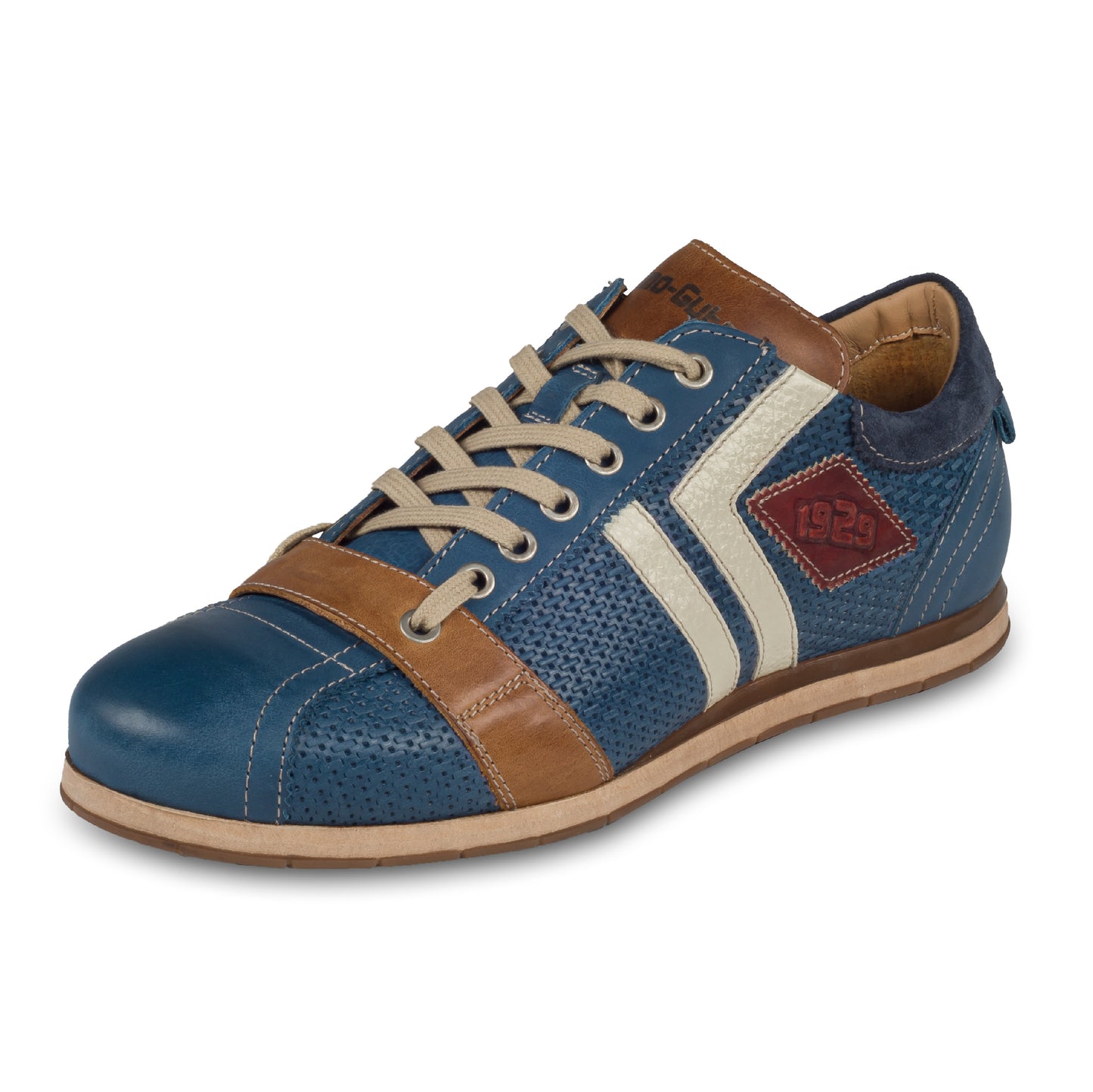KAMO-GUTSU Herren Sneaker, blau mit braun und creme-weiß, (TIFO-030 royal). Schräge Ansicht linker Schuh. Bei Sisento.