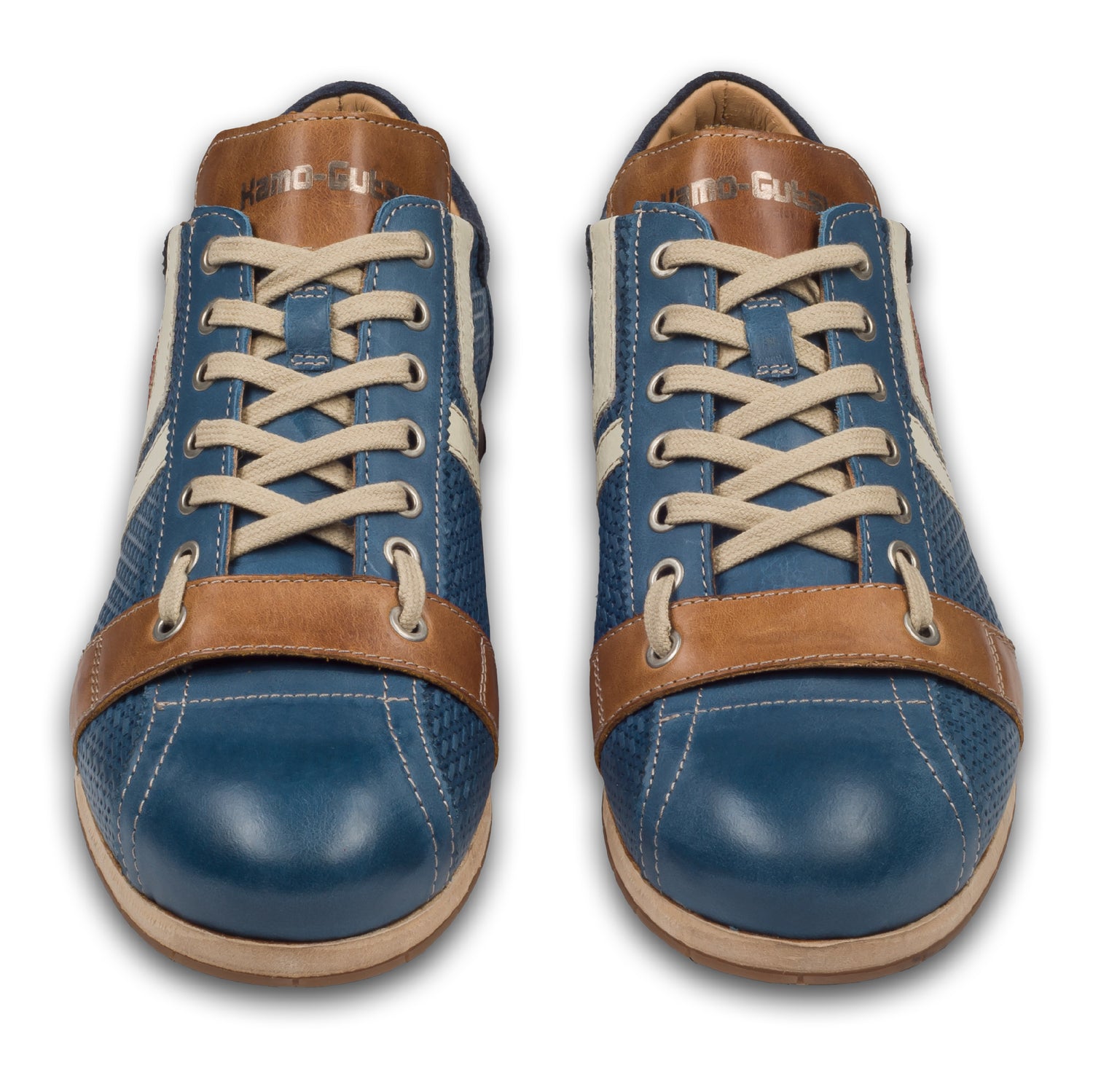 KAMO-GUTSU Herren Sneaker, blau mit braun und creme-weiß, (TIFO-030 royal). Paarweise Ansicht von vorne. Bei Sisento.