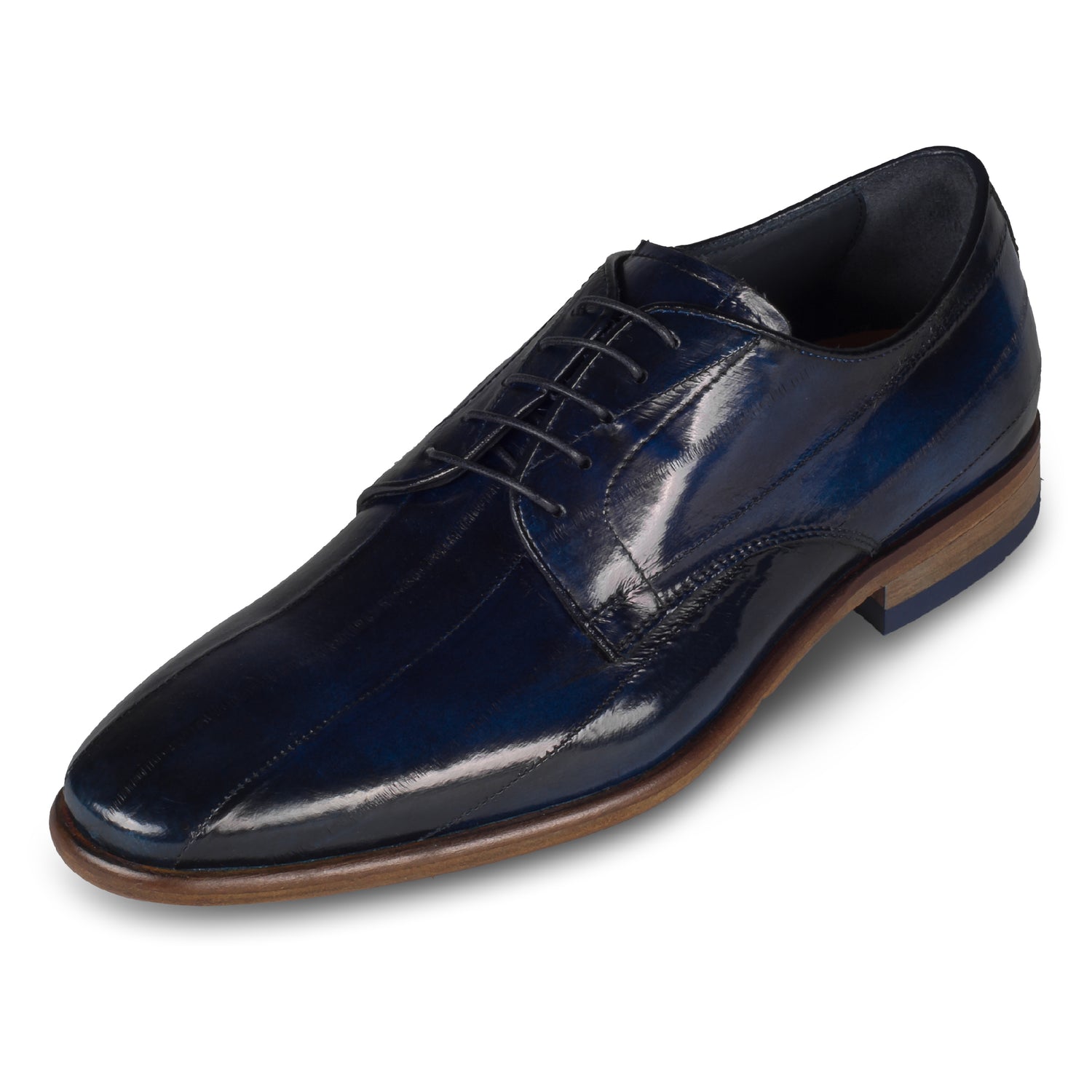Lorenzi - Extravaganter Herren Derby Schnürschuh aus blauem Aal-Leder. Handgefertigt und Durchgenäht. Schräge Ansicht linker Schuh.