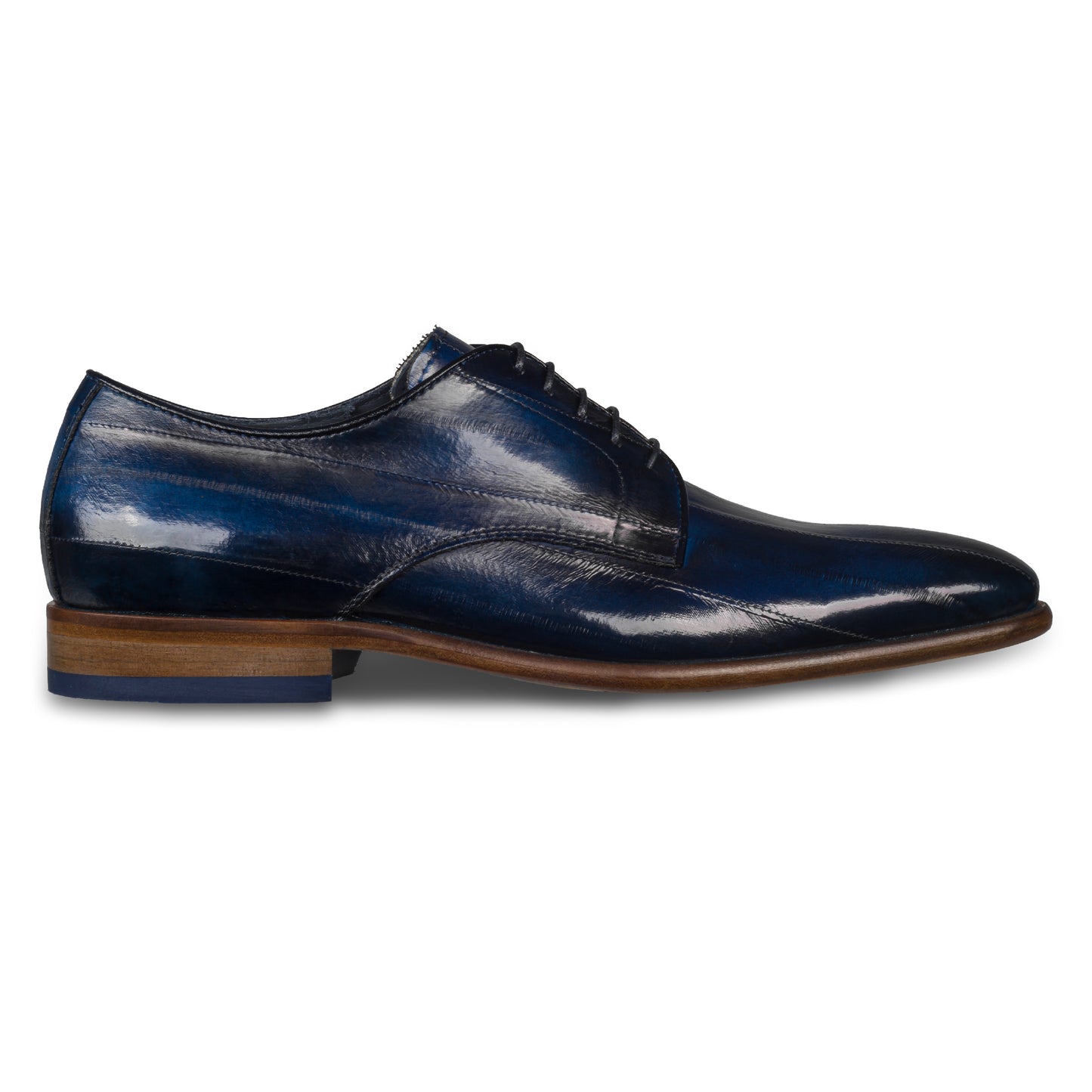 Lorenzi - Extravaganter Herren Derby Schnürschuh aus blauem Aal-Leder. Handgefertigt und Durchgenäht. Seitliche Ansicht der Außenseite rechter Schuh.