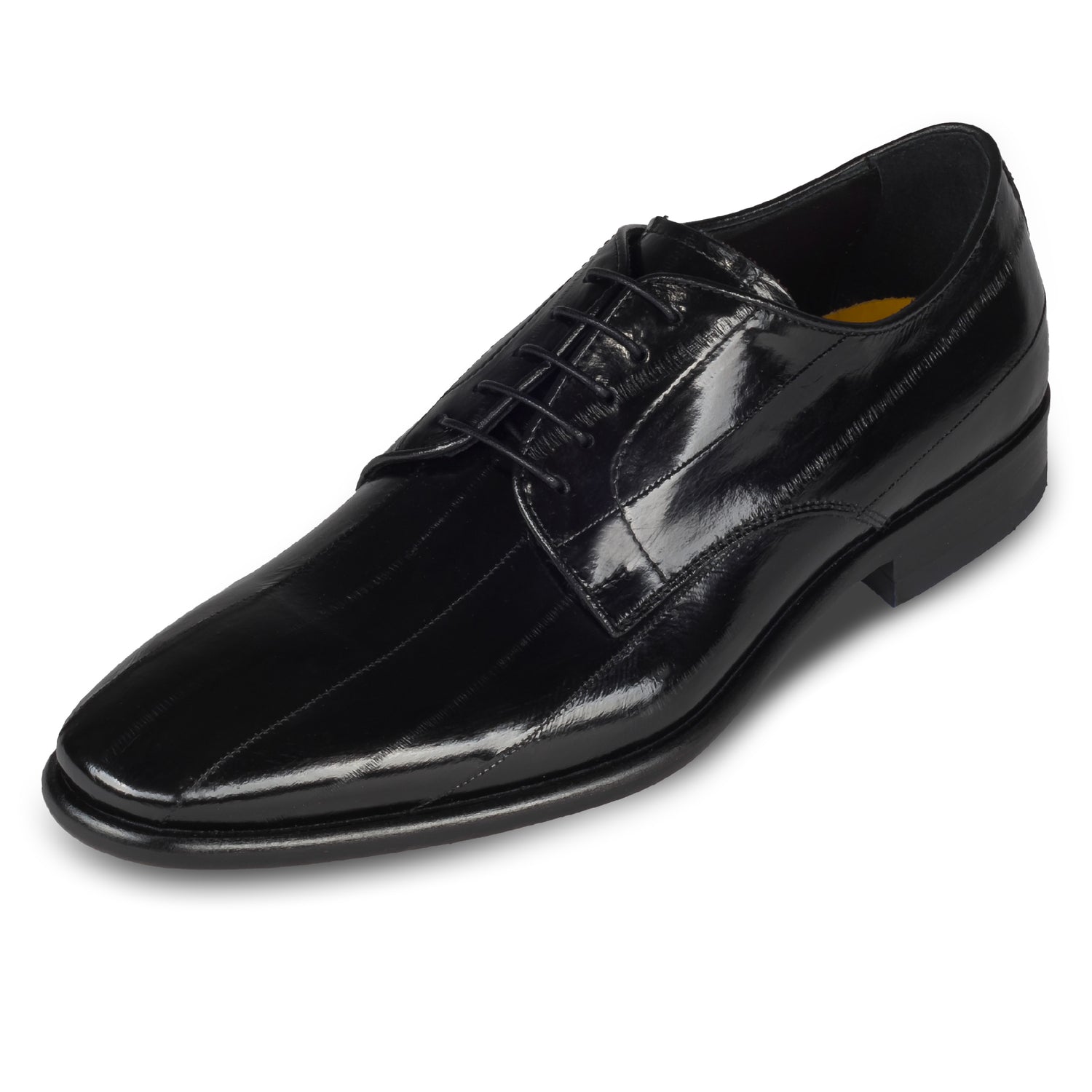 Lorenzi - Extravaganter Herren Derby Schnürschuh aus schwarzem Aal-Leder. Handgefertigt und Durchgenäht. Schräge Ansicht linker Schuh.