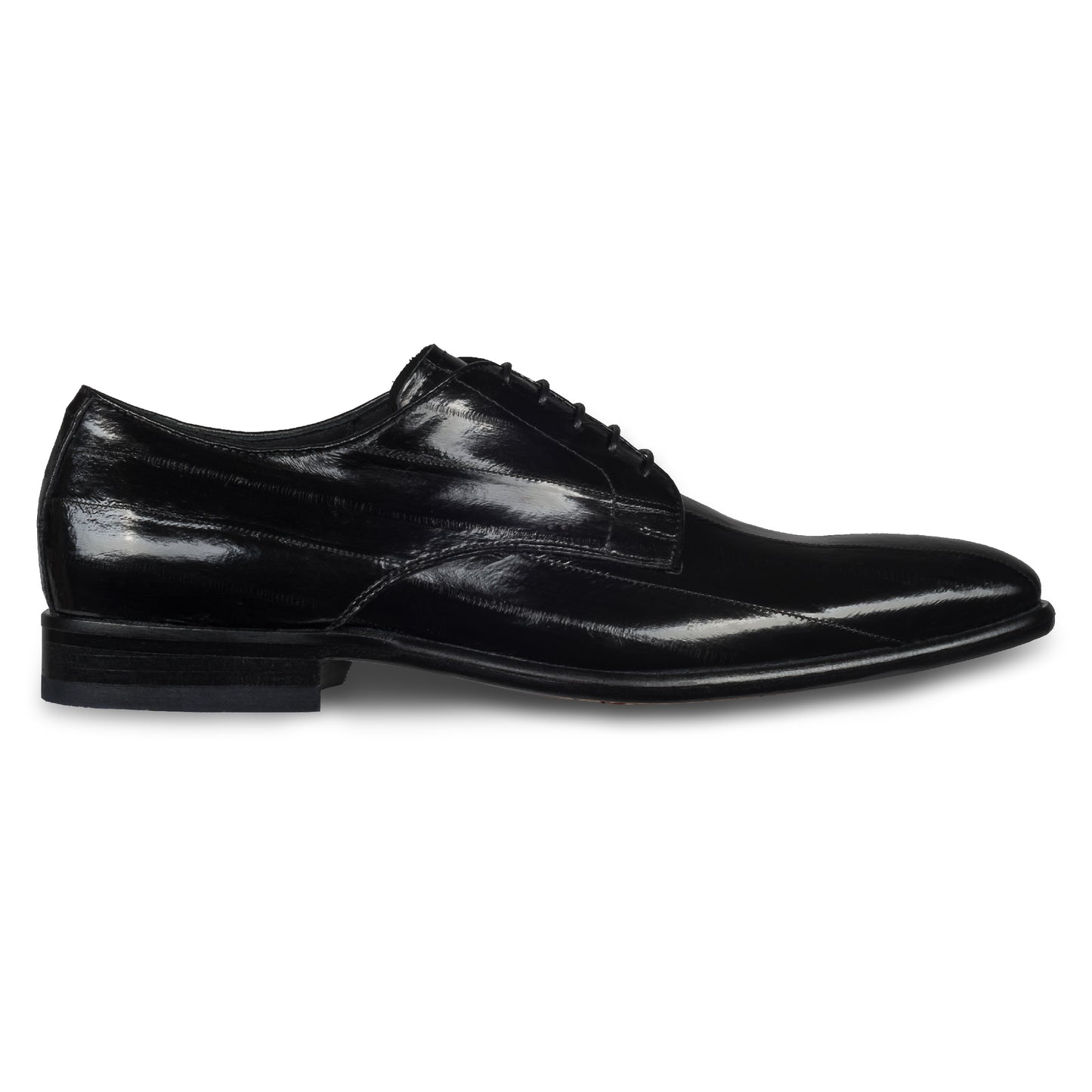 Lorenzi - Extravaganter Herren Derby Schnürschuh aus schwarzem Aal-Leder. Handgefertigt und Durchgenäht. Seitliche Ansicht der Außenseite rechter Schuh.