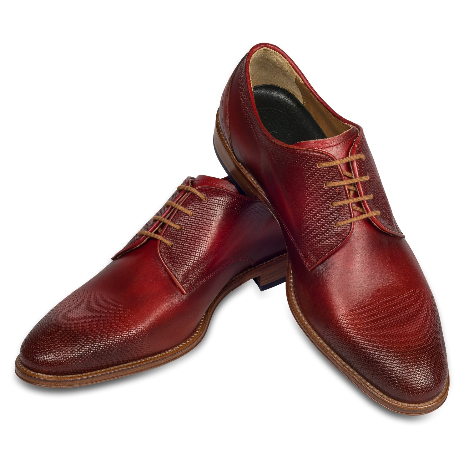 Lorenzi - Italienische Herren Anzugschuhe Derby in rot. Aus Kalbsleder handgefertigt und durchgenäht. Paarweise Ansicht Schuhe überkreuzt aufgestellt.