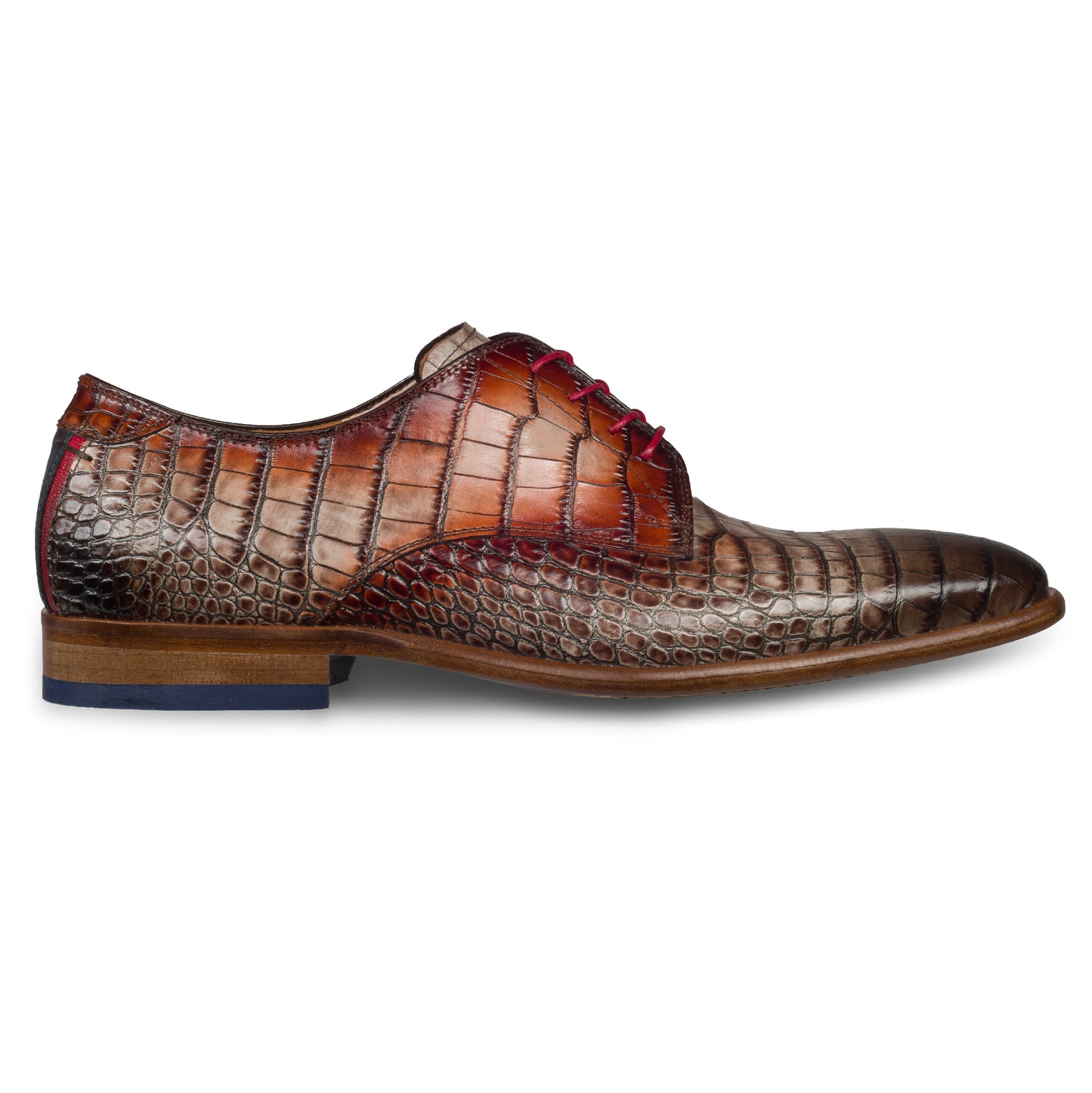 Lorenzi - Extravaganter Herren Derby Schnürschuh aus Kalbsleder in Reptil-Optik schwarz-grau/rot. Handgefertigt und Durchgenäht. Seitliche Ansicht der Außenseite rechter Schuh.
