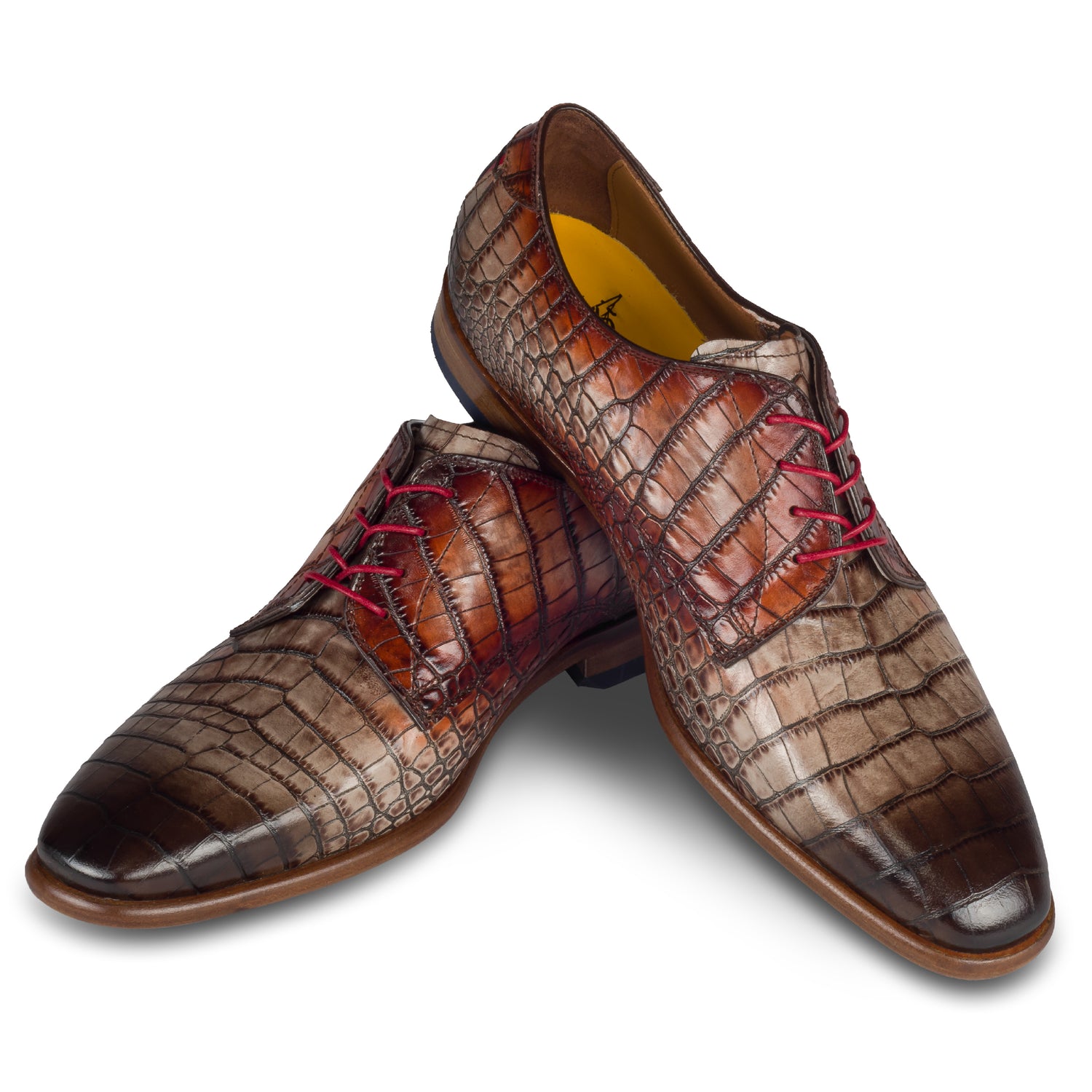 Lorenzi - Extravaganter Herren Derby Schnürschuh aus Kalbsleder in Reptil-Optik schwarz-grau/rot. Handgefertigt und Durchgenäht. Paarweise Ansicht Schuhe überkreuzt aufgestellt.