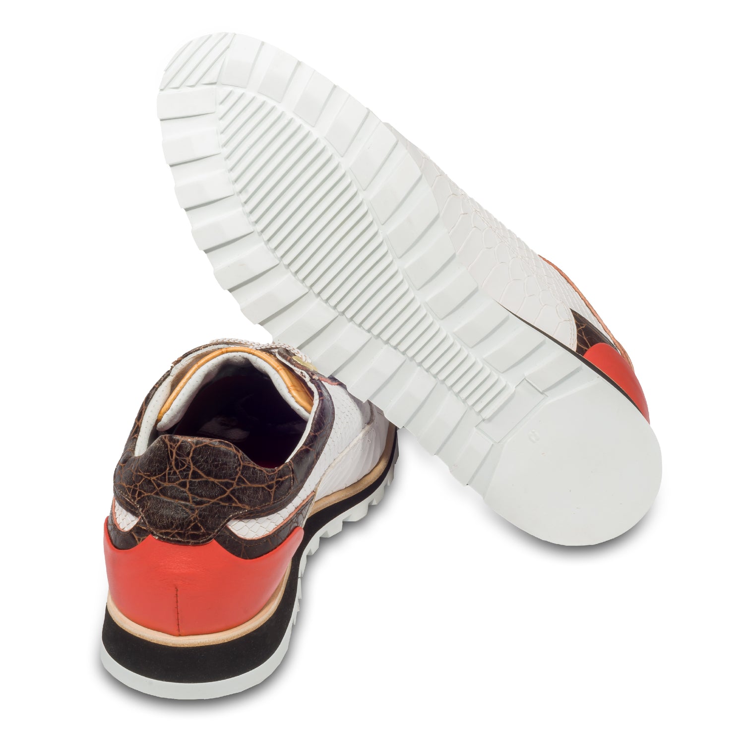 Lorenzi Herren Leder-Sneaker in braun weiß mit Prägung, Ansicht der Ferse und Sohlenunterseite