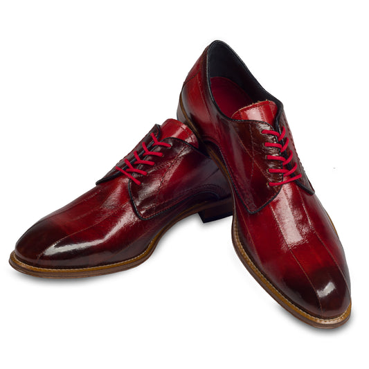 Lorenzi - Extravaganter Derby Schnürer aus Aal-Leder rot, Durchgenäht. Paarweise Ansicht Schuhe überkreuzt aufgestellt