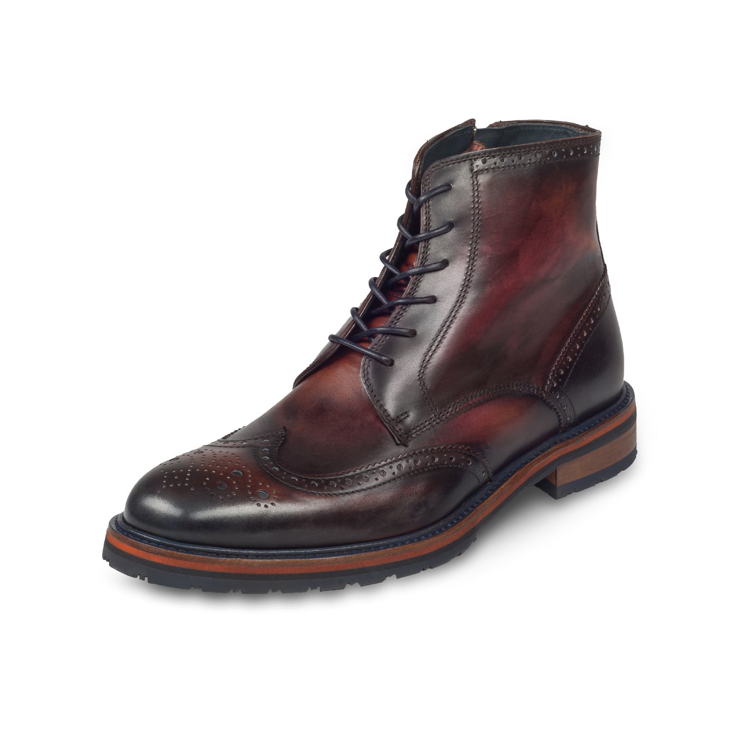 Lorenzi Herren Schnür-Stiefelette, Budapester-Stil, in braun/blau mit Reißverschluß, durchgenäht - schräge Ansicht von vorne. bei SISENTO
