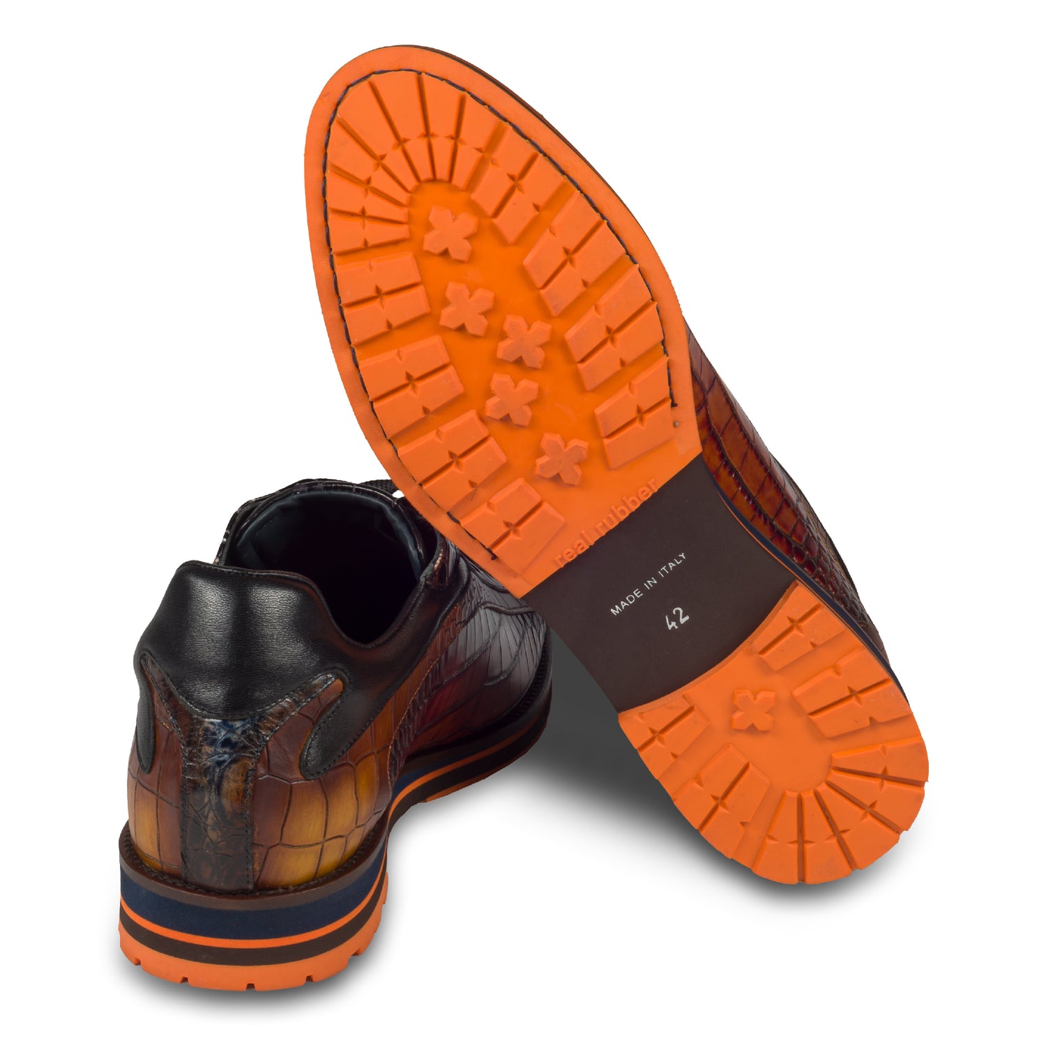 Lorenzi Herren Leder Sneaker, braun/schwarz mit Reptilprägung, durchgenäht - Sohle und Fersenansicht. Bei SISENTO
