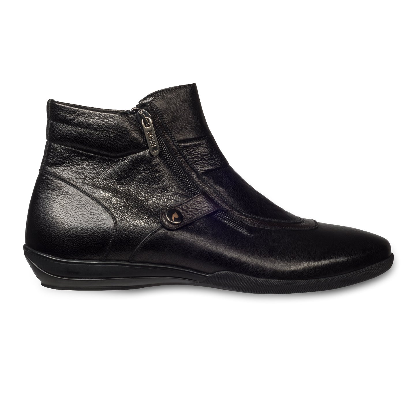 Rossi Herren Leder Sneaker Stiefel in schwarz, mit Reißverschluß. Aus Kalbsleder handgefertigt.  Seitliche Ansicht der Außenseite rechter Schuh.