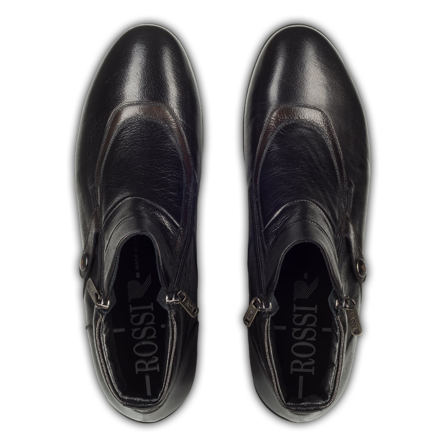 Rossi Herren Leder Sneaker Stiefel in schwarz, mit Reißverschluß. Aus Kalbsleder handgefertigt. Paarweise eigene Draufsicht aus angezogener Perspektive.