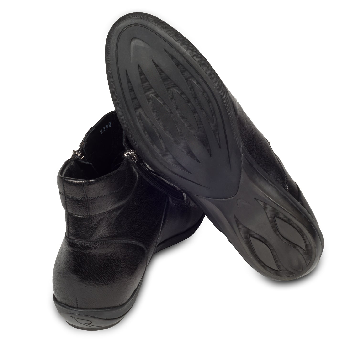 Rossi Herren Leder Sneaker Stiefel in schwarz, mit Reißverschluß. Aus Kalbsleder handgefertigt.  Ansicht der Ferse und Sohlenunterseite.