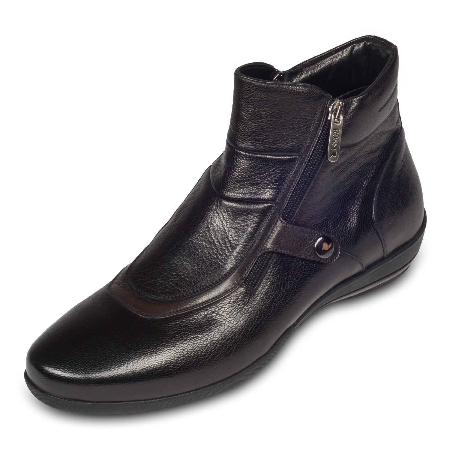 Rossi Herren Leder Sneaker Stiefel in schwarz, mit Reißverschluß. Aus Kalbsleder handgefertigt.  Schräge Ansicht linker Schuh.